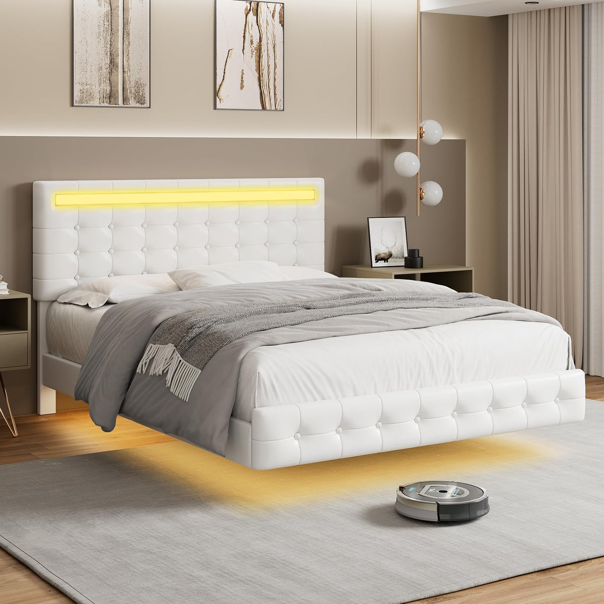 Keyluv Modern Floating Bed Frame with Adjustable LED Lights and Upholstered Leather Headboard - White Keyluv