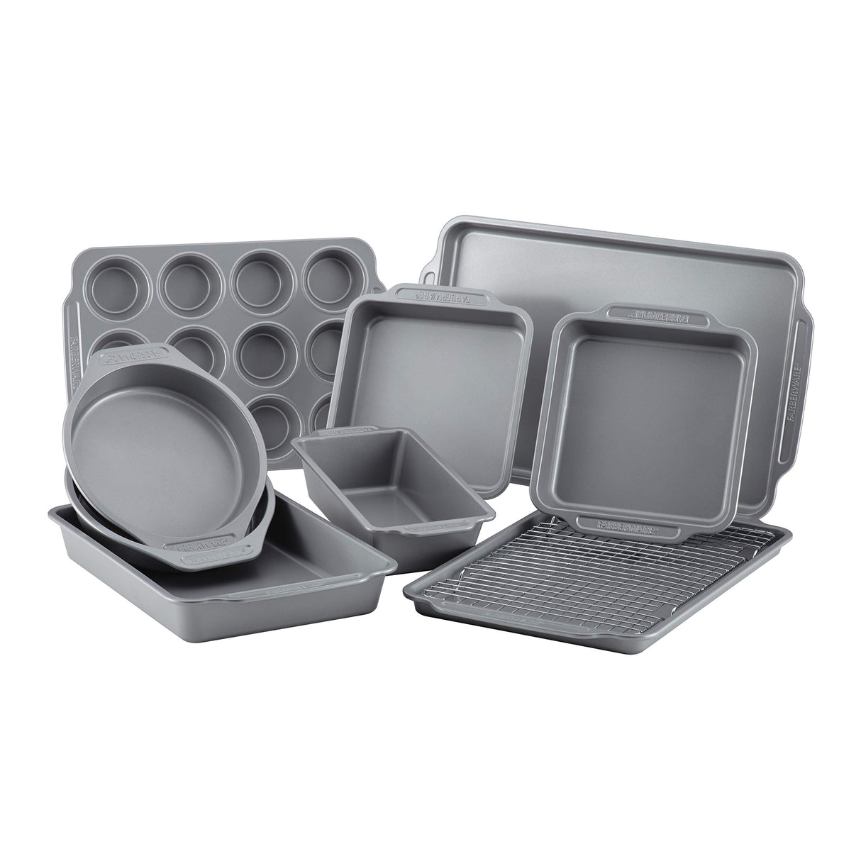 Farberware Nonstick Steel Bakeware Set with Cooling Rack, Baking Pan and Cookie Sheet Set with Nonstick Bread Pan and Cooling Grid, 10-Piece Set, Gray Farberware