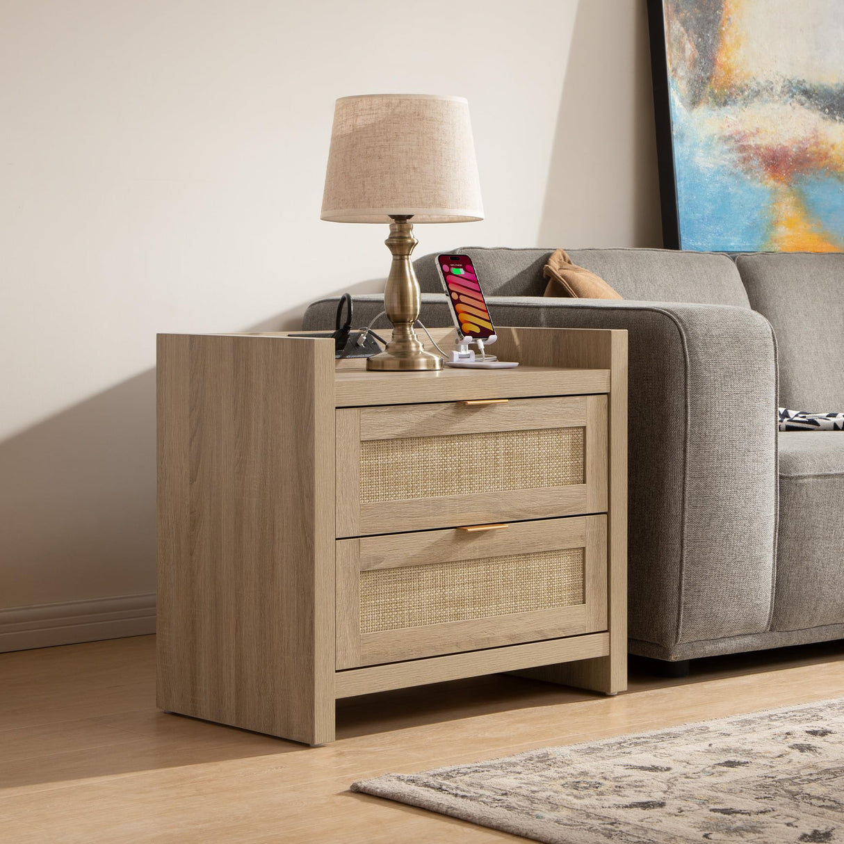SICOTAS Rattan Nightstand Bedside Table : Wood Night Stand with Type-C Charging Station, 2 Drawers Storage - Boho Night Stands End Table for Bedroom - Light Oak SICOTAS