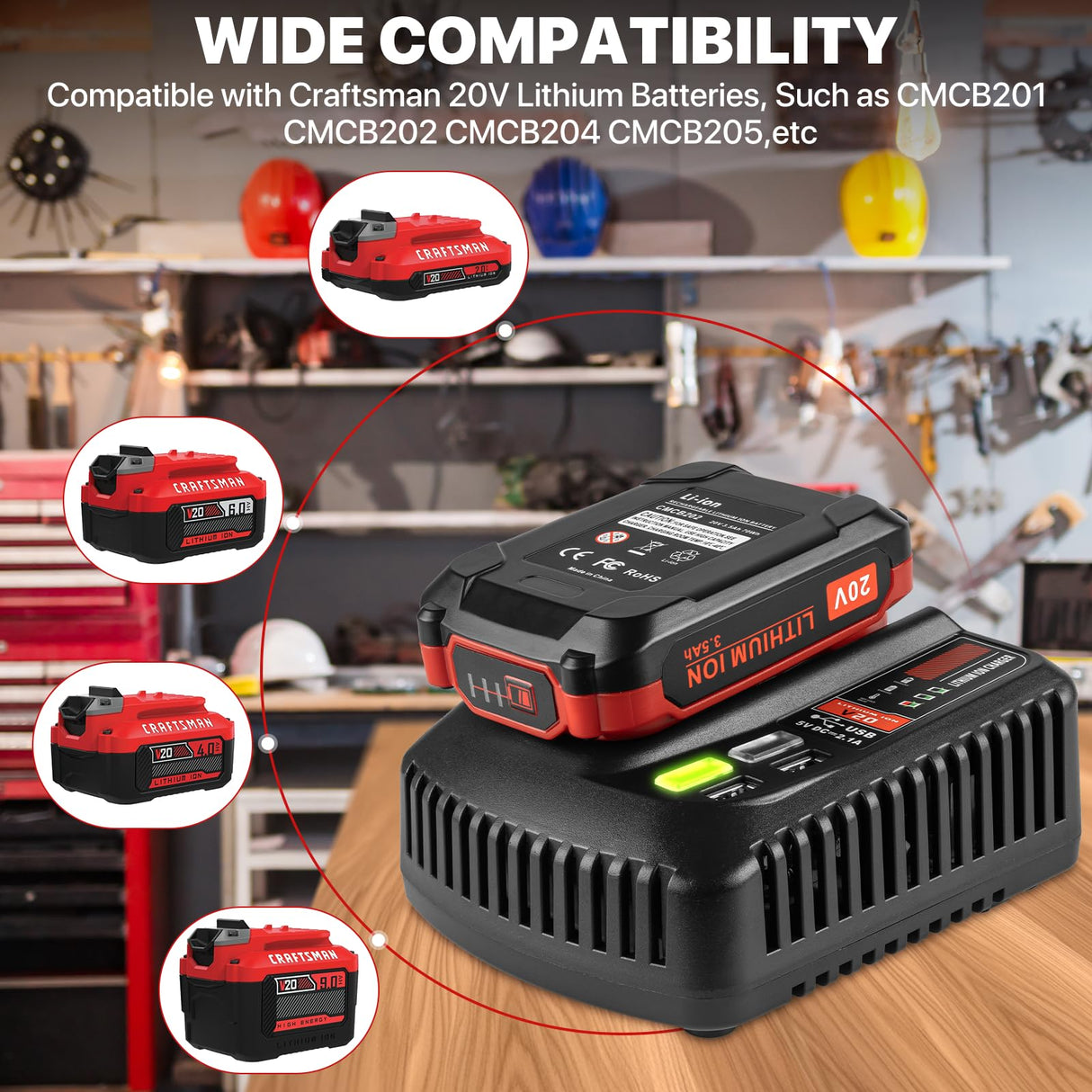 DONGPUCUN 2Pack 20V 3.5Ah Replacement Battery and Charger Kit for Craftsman V20 Craftsman 20V Lithium Battery CMCB202 CMCB204 CMCB206 CMCB201 CMCB100 CMCB124 Craftsman 20V Battery Charger Set DONGPUCUN