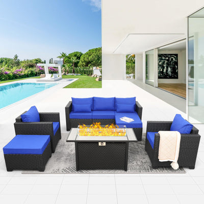 Rattaner Outdoor Patio Furniture 60000 BTU Outdoor Propane Fire Pit Table Patio Furniture Set 45" Outdoor Fire Pits 6 Pieces Patio Sofa Outdoor Chairs Anti-Slip Cushions Waterproof Covers, Royal Blue