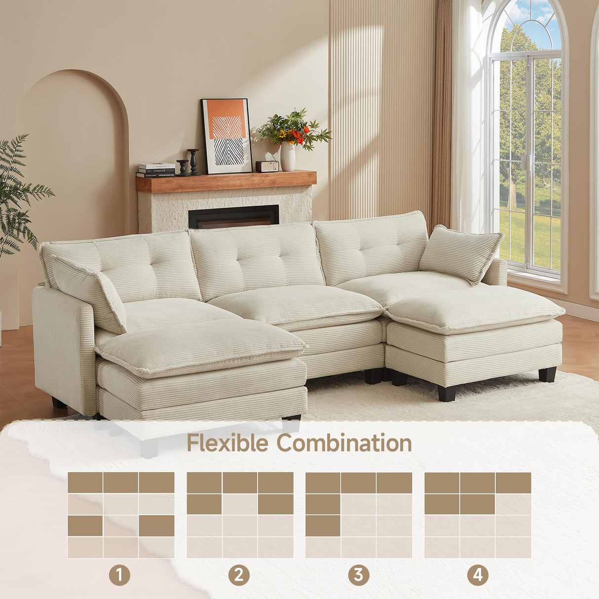 Amsleekey Modular Sectional Sofa, 111.5" U-Shaped Corduroy Comfy Sectional Couches for Living Room, 3-Seater Cloud Couches with 2 Movable Ottomans, Flexible Combination Modern Deep Seat Sofa (Beige) Amsleekey