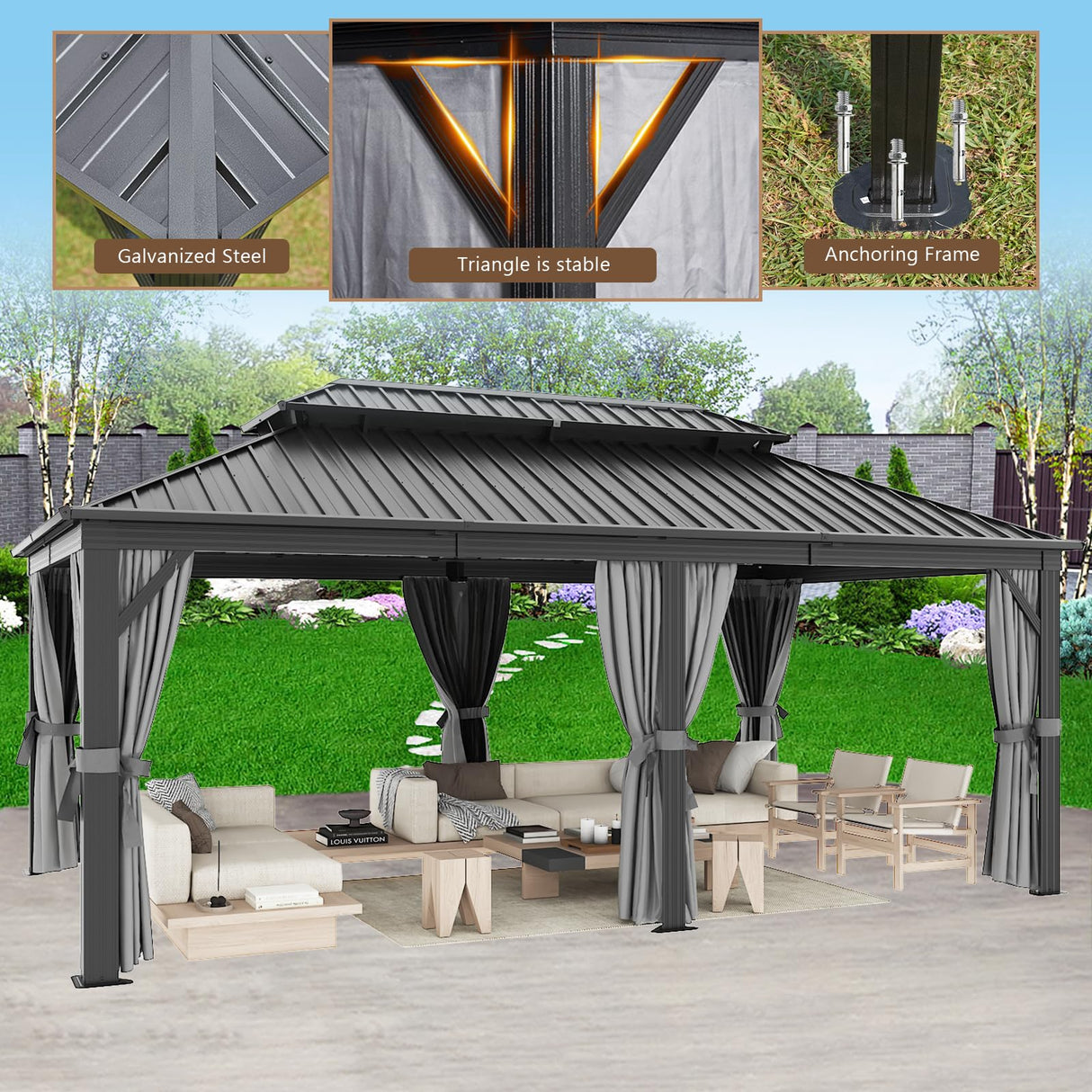 oneinmil 12' X 20' Hardtop Gazebo, Galvanized Steel Double Roof, Aluminum Metal Gazebo with Curtains and Netting, Permanent Gazebo Pavilion for Gardens, Decks, Patios oneinmil