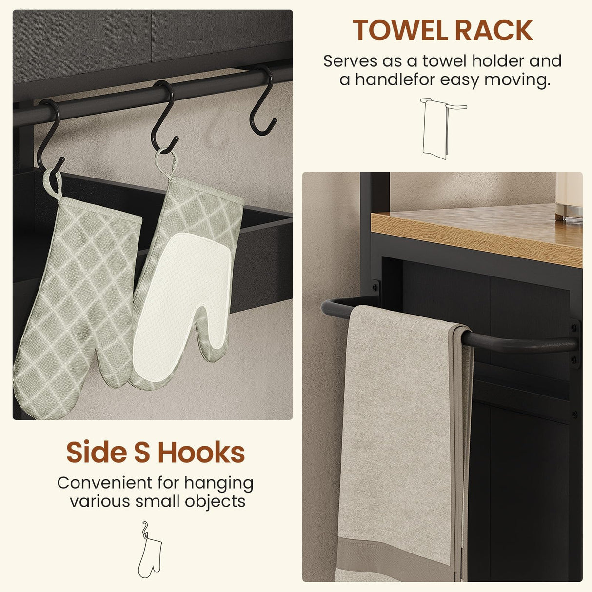 Itaar Kitchen Island with Storage, Rolling Kitchen Island Cart with Shelves and Drawers, Towel Rack, 8 S Hooks, Kitchen Cart on Wheels, for Home, Dining Room, Black Itaar