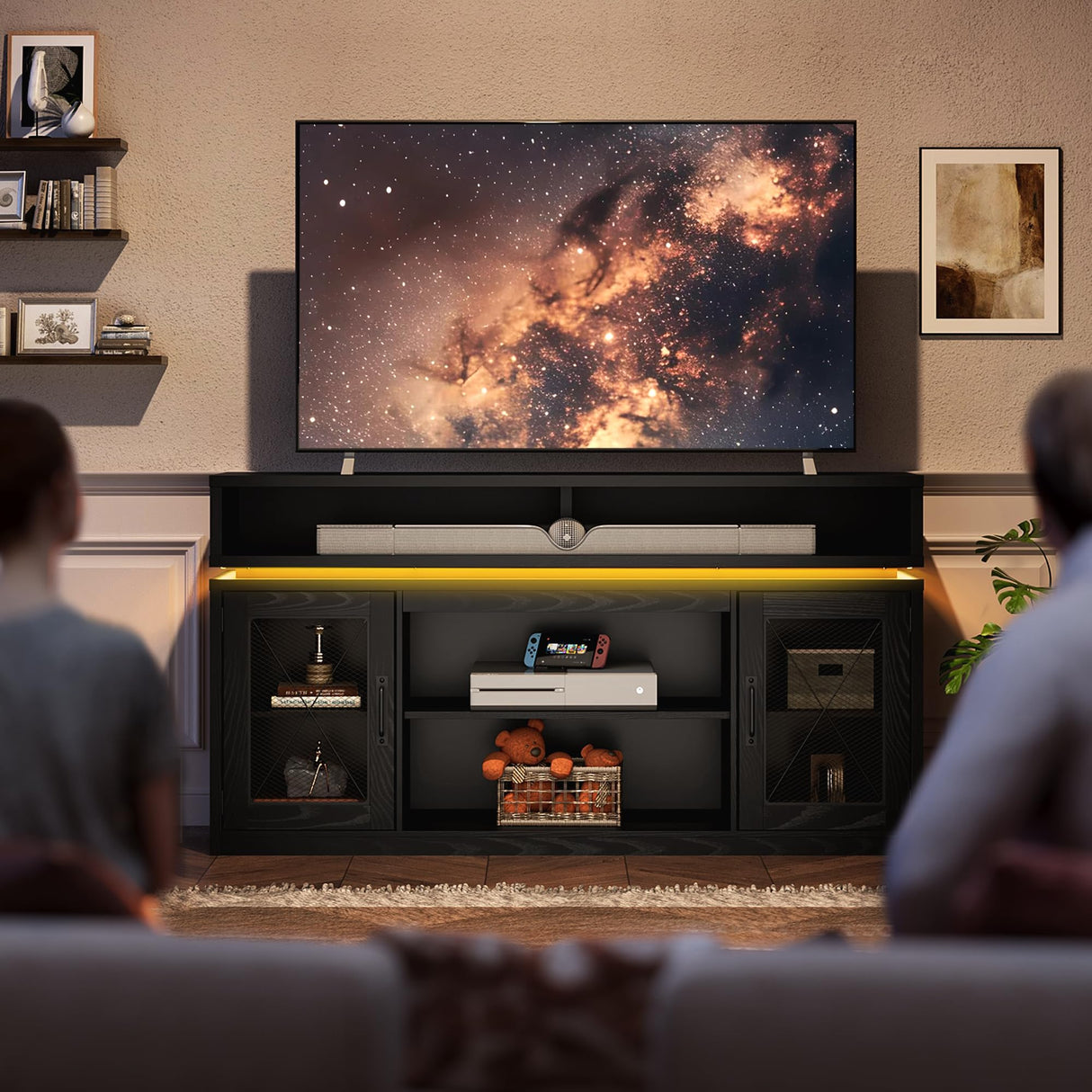 WLIVE TV Stand up to 65 Inch TV, 59" Entertainment Center with LED Lights, Farmhouse TV Media Console with Storage Cabinets, Adjustable Shelves for Living Room and Bedroom, Black WLIVE