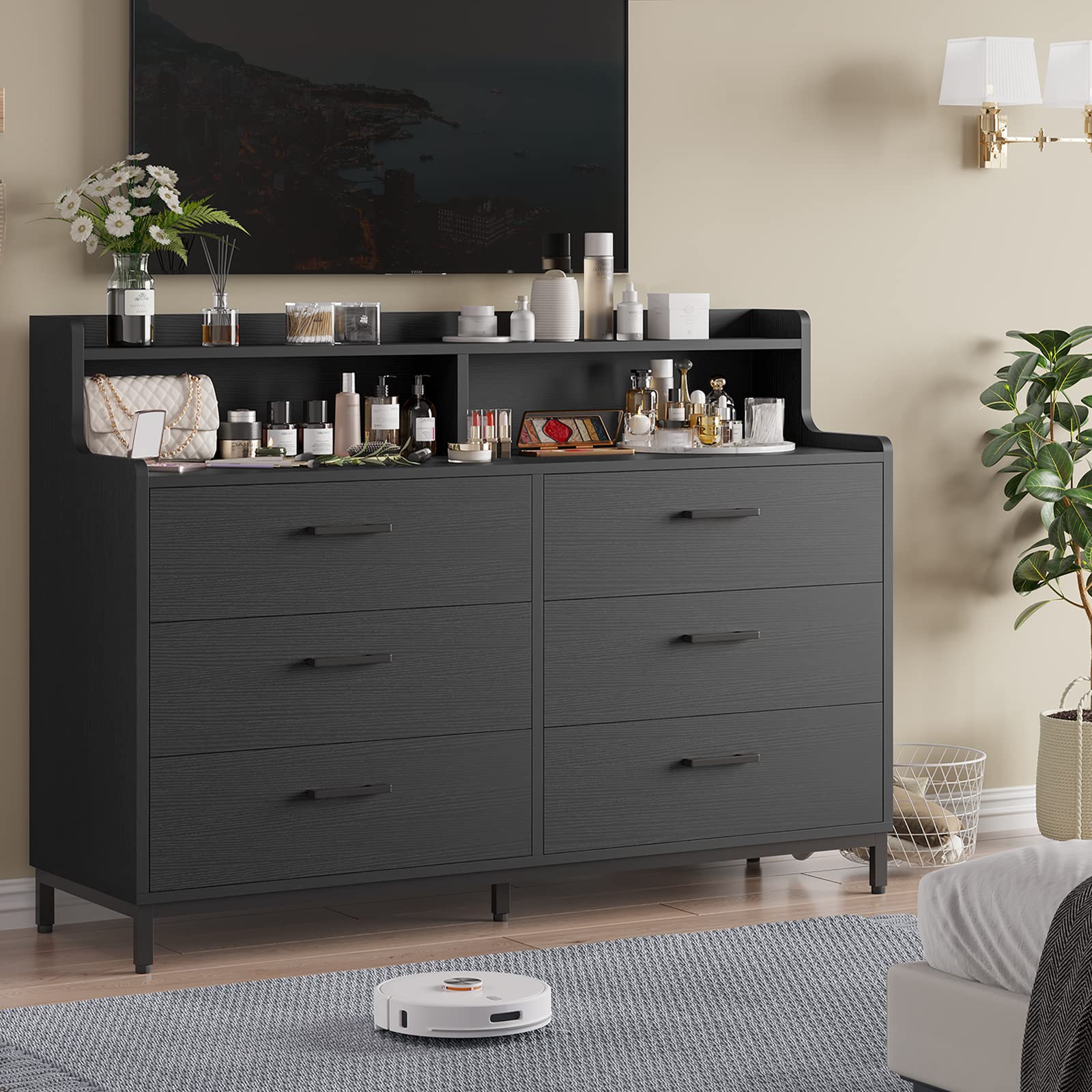 Hasuit 6 Drawers Double Dresser with Shelves, Large Wooden Storage Tow WoodArtSupply Hasuit 6 Drawers Double Dresser with Shelves, Large Wooden Storage Tow WoodArtSupply