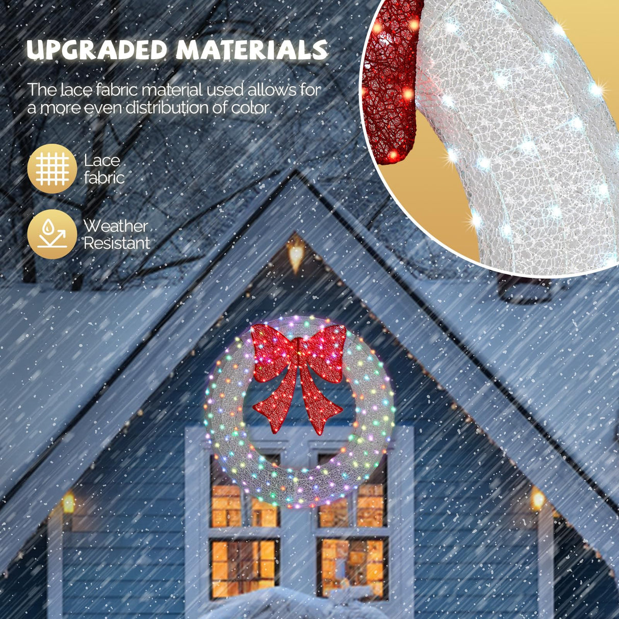 VINGLI 48 Inch Pre-lit Large Christmas Wreath with 224 LED Multi-Color Lights, Christmas Door Wreath for Garage, Outdoor Christmas Wreath with Red Bow, Timer Remote Control, Plug-in, White VINGLI