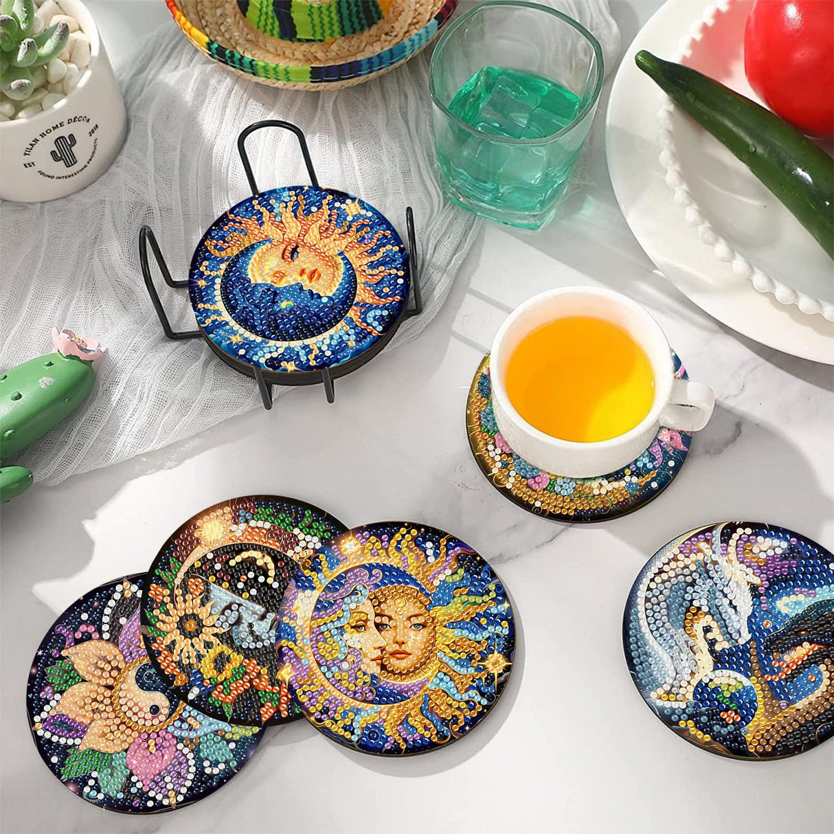 8 PCS Sun and Moon Diamond Art Coasters-Sun Diamond Painting Coasters Kits with Holder, DIY Moon Coaster Kit with Cork Bases for Adults Beginners as Gift Home Decors HITO
