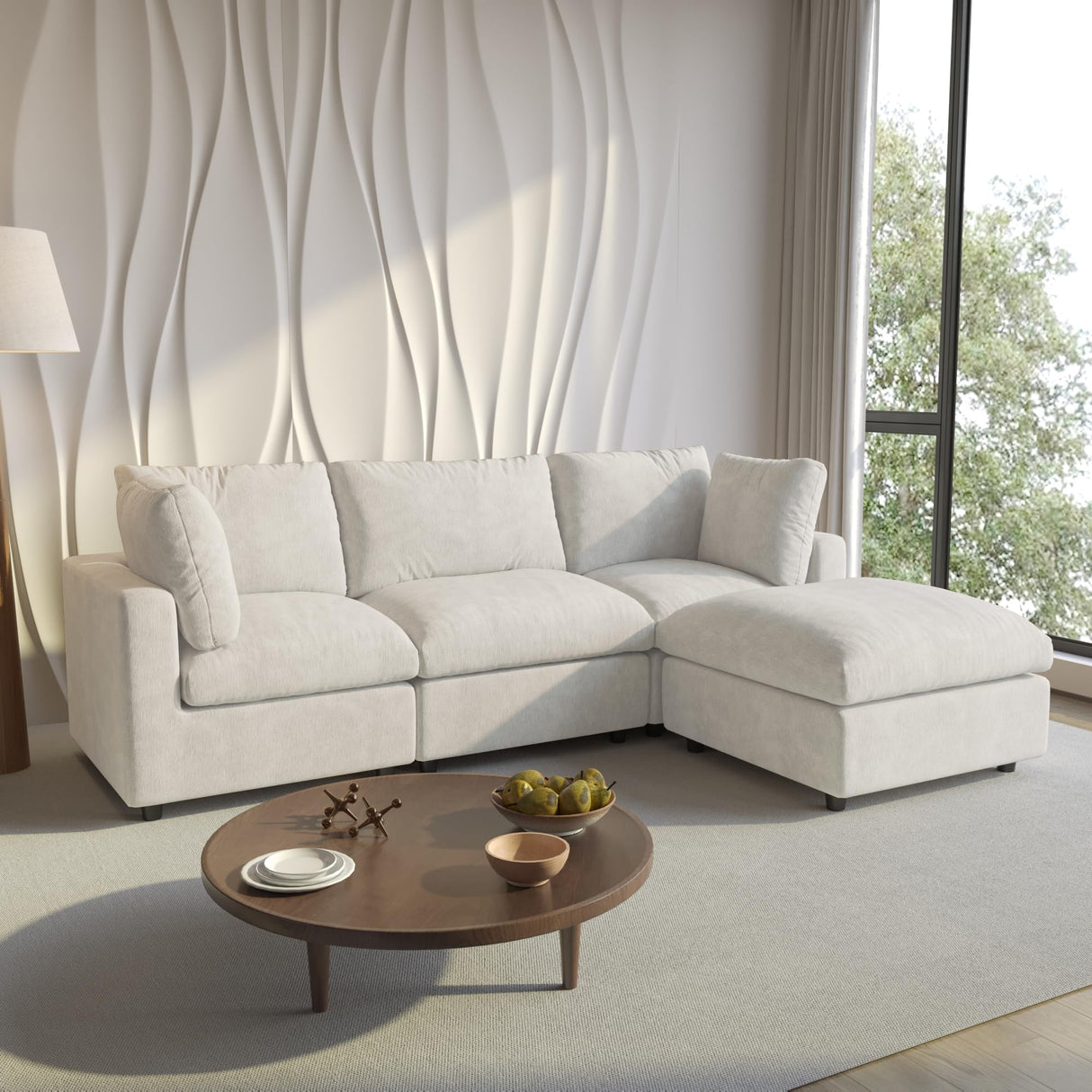 Cloud Sectional Couches for Living Room,100.5" Convertible L Shaped Couch with Ottoman, 4 Seater Modular Sectional Sofa,Deep Seater Furniture Sets,Beige WJShome