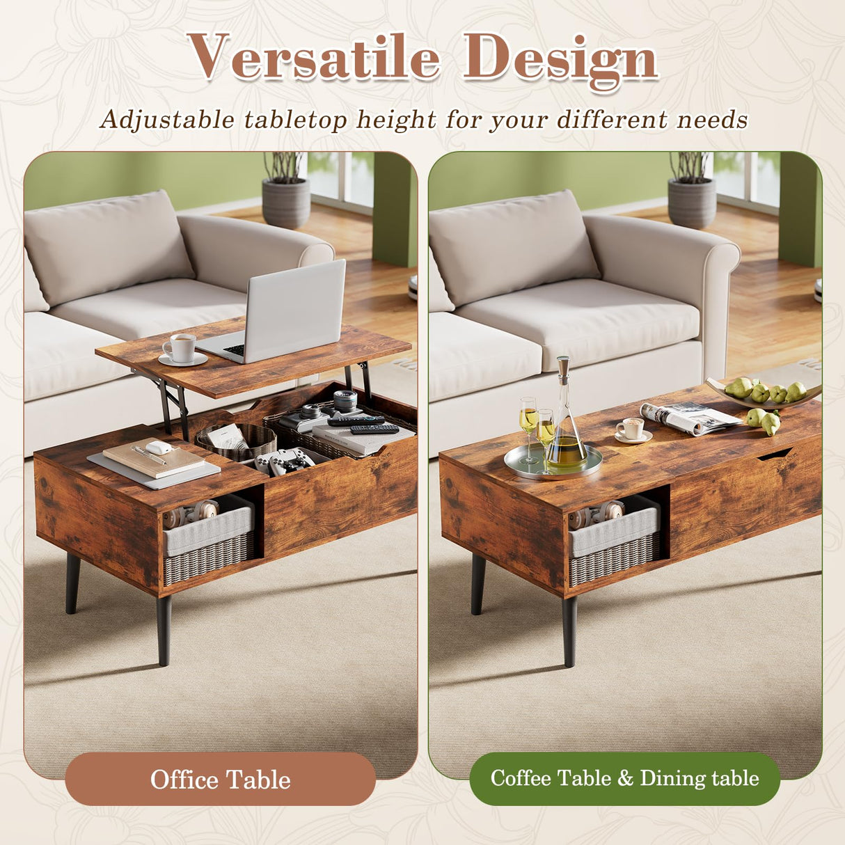 OLIXIS Wooden Coffee Table, Lift Top Coffee Table with Large Hidden Compartment and Ample Storage Shelf, Lift Tabletop Dining Table for Living Room, Home Small Space, Rustic OLIXIS