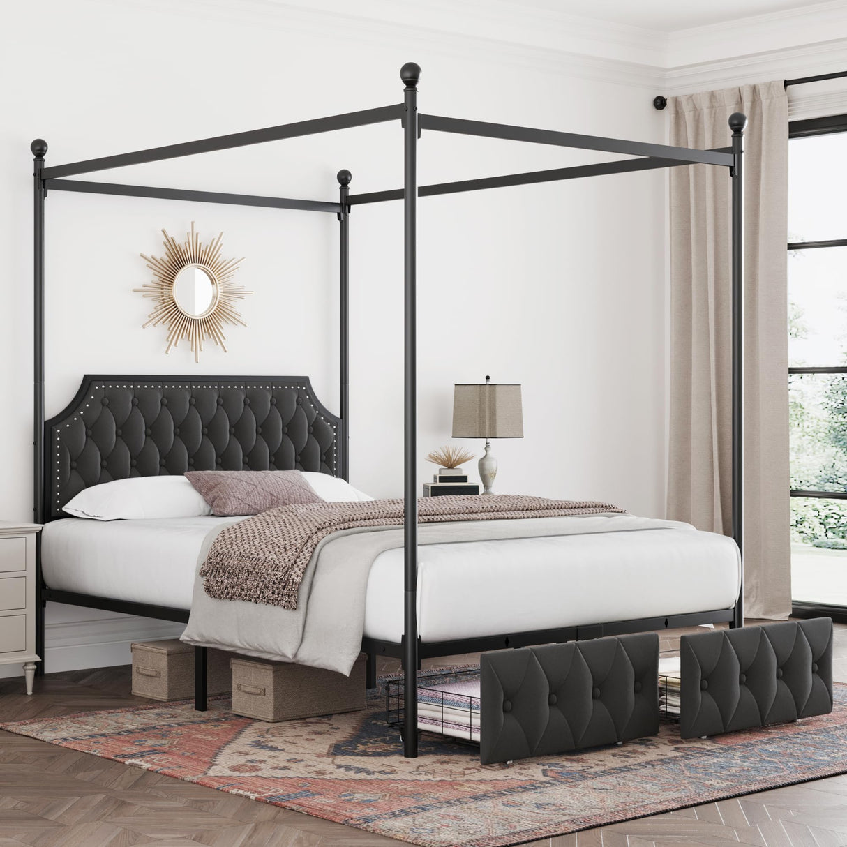 Keyluv Queen Upholstered Canopy Bed Frame with 2 Drawer and Button Tufted Headboard Metal Platform Bed with 4 Removable Posts Two-Purpose Velvet Bed No Box Spring Needed Dark Grey/Curtain Not Included Keyluv