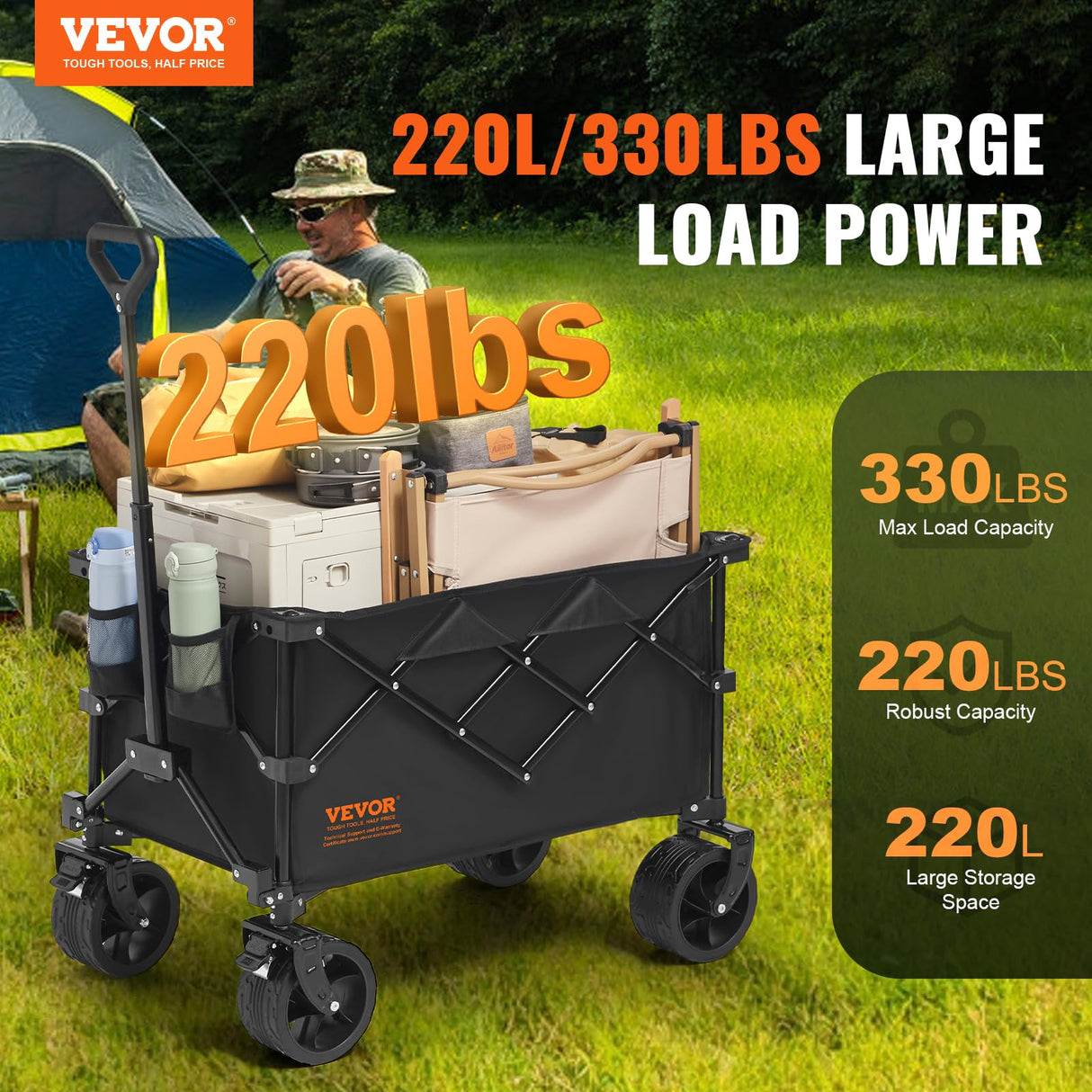 VEVOR 220L/350lbs Collapsible Folding Wagon, Heavy Duty Beach Wagon Cart Foldable with Big Wheels, Outdoor Utility Wagon All Terrain Wagon for Groceries Camping VEVOR