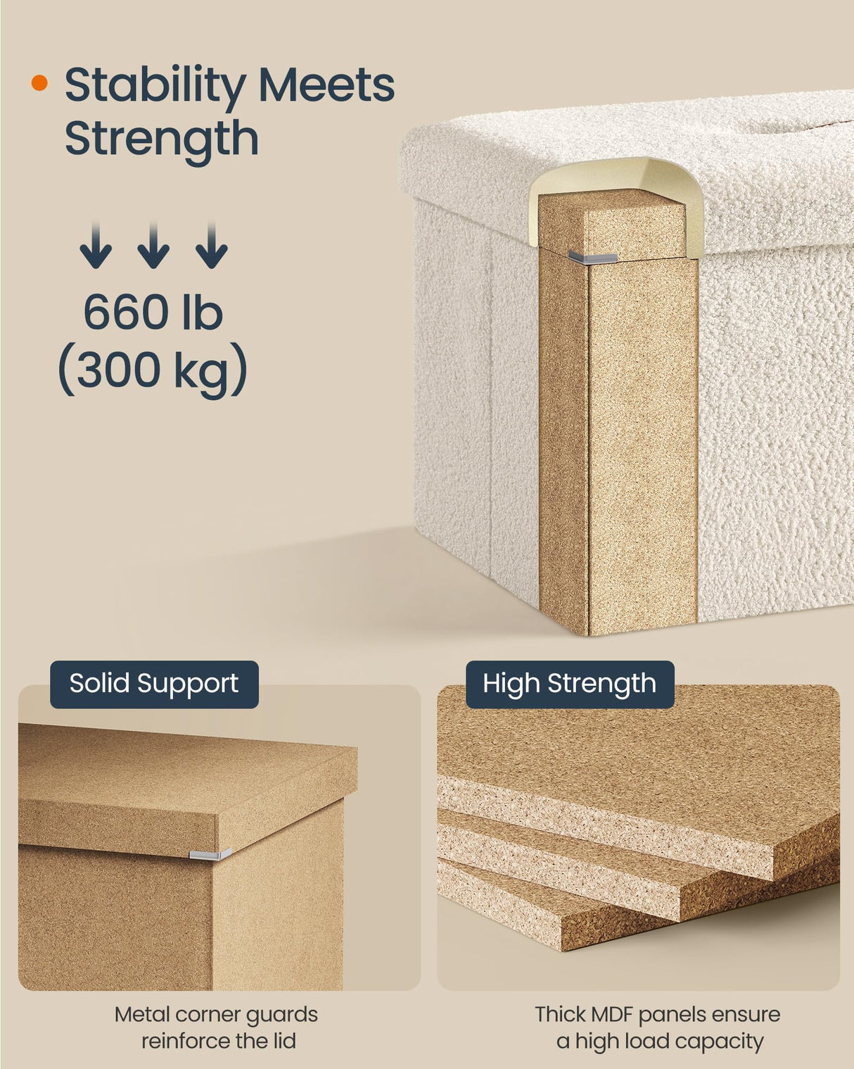 SONGMICS HOME Storage Ottoman Bench, Storage Chest, 15 x 43 x 15 Inches, Foot Rest Stool, End of Bed Bench, Load up to 660 lb, for Living Room, Bedroom, Entryway, Cream White ULSF097W01 SONGMICS HOME