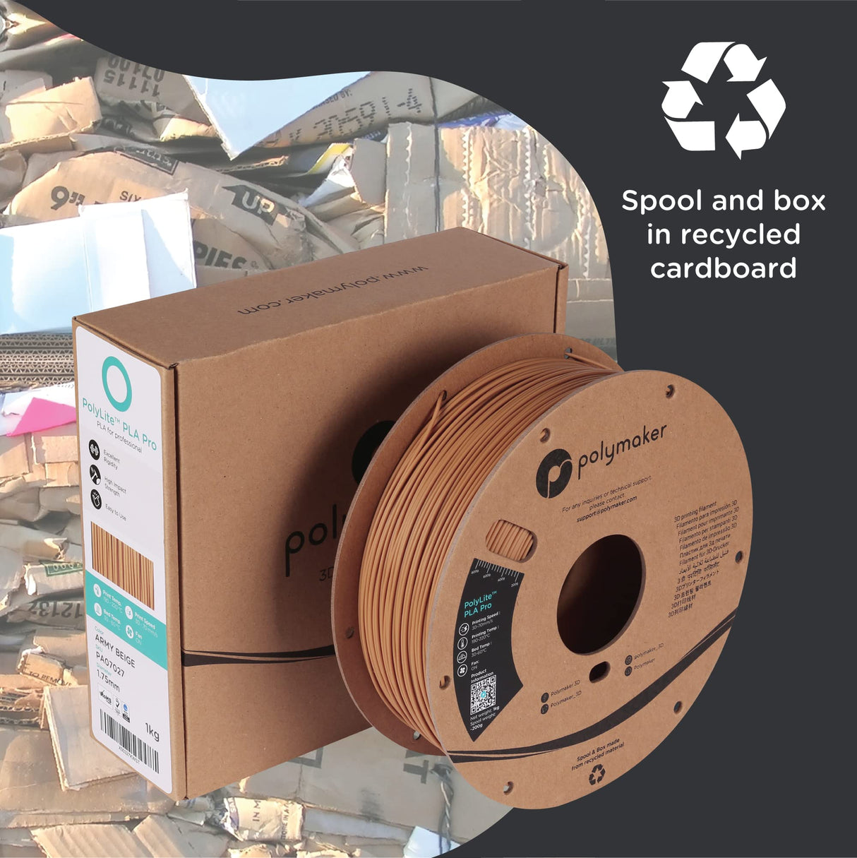 Polymaker PLA PRO Filament 1.75mm Army Beige, Powerful PLA 3D Printer Filament 1kg - PolyLite 1.75 PLA Filament PRO Tough & High Rigidity 3D Printing Filament Army Beige Polymaker