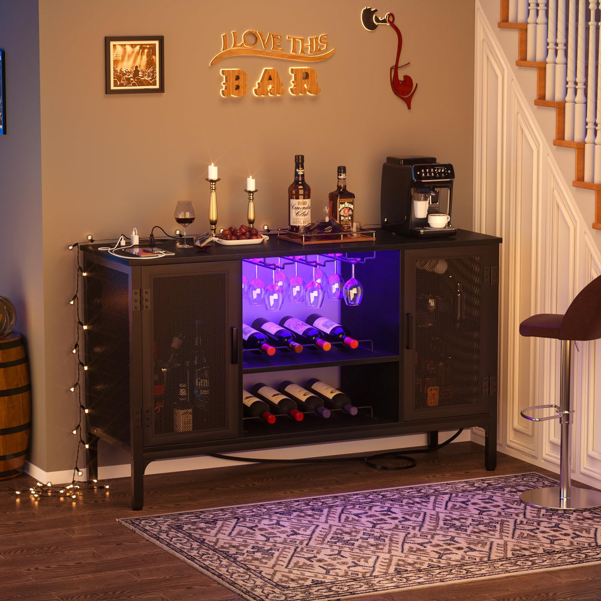 Homieasy Wine Bar Cabinet with Power Outlets & LED Lights, Industrial Liquor Cabinet with Adjustable Wine Racks, Coffee Station Cabinets with Storage for Kitchen/Home, Black Homieasy
