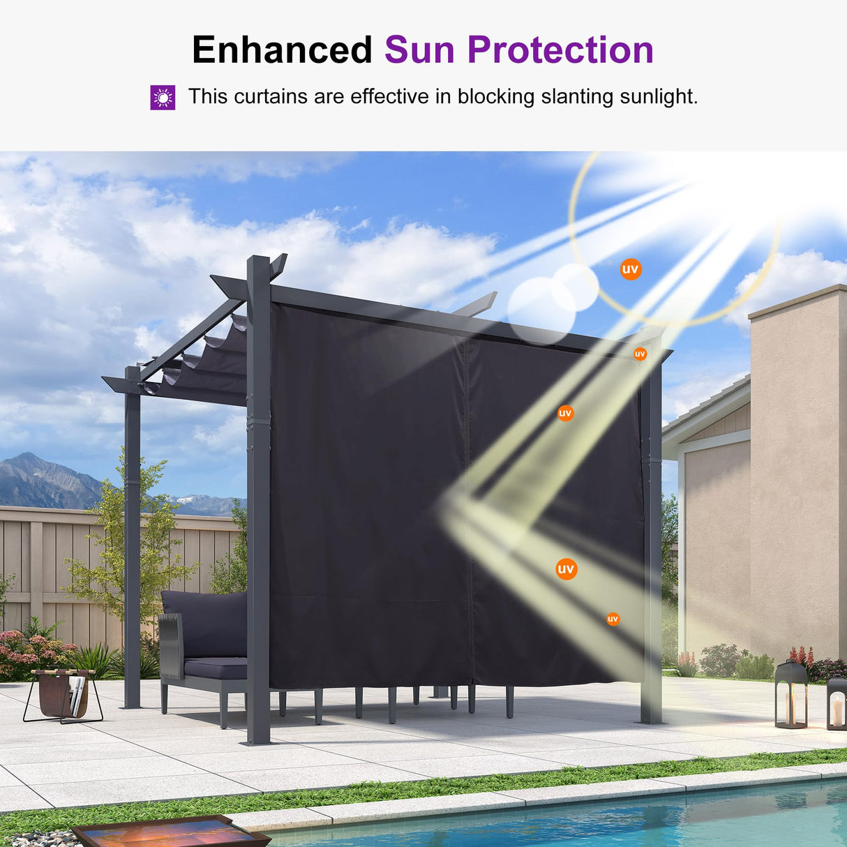 PURPLE LEAF 10' x 10' Pergola with Curtains Outdoor Retractable Pergola Patio Metal Shelter for Garden Porch Pavilion Dark Gray Frame Gazebo Modern Yard Grill Pergolas with Shade Canopy Navy Blue PURPLE LEAF