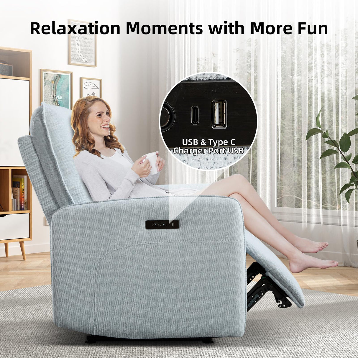 IOMOR Power Recliner Chair for Adults, Electric Recliner with USB Tape-C Ports, Zero Wall Single Reclining for Small Space, Living Room (1, Blue) IOMOR