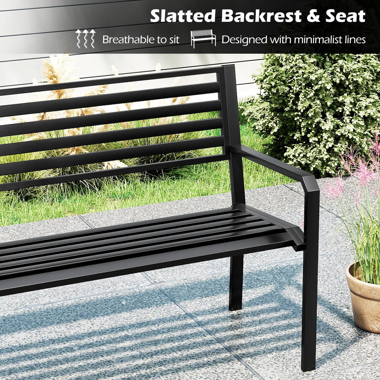 Tangkula 50” Outdoor Metal Park Bench, Patio Slatted Garden Bench for 2-3 People with Armrests & Backrest, Heavy-Duty Modern Seating for Backyard, Poolside, Porch Tangkula