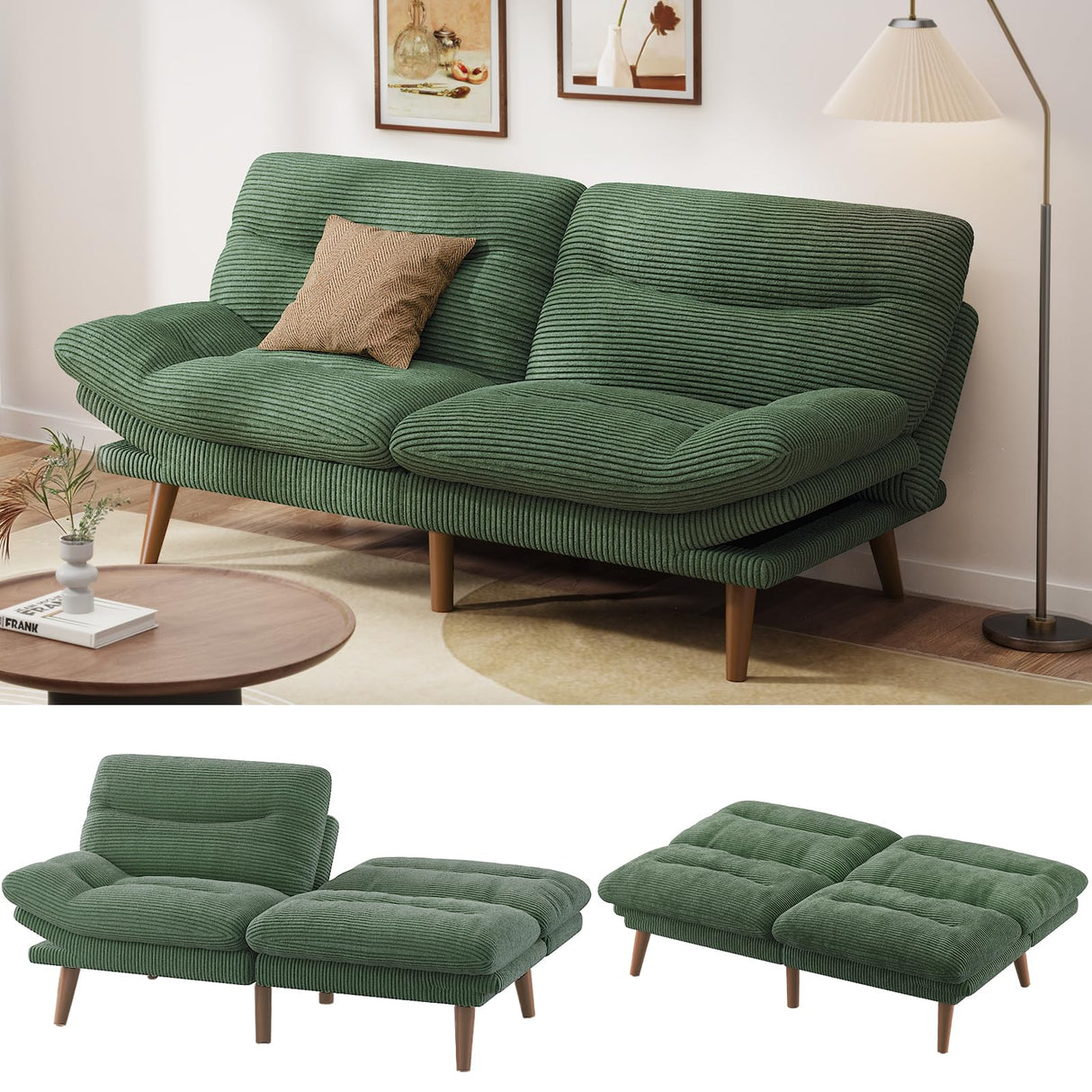 Pipishell Futon Sofa Bed, Modern 66" Futon Couch Convertible to Bed & Lounger, Compact Size, Comfortable Cushions, Durable Construction - Fits Small Spaces, Corduroy (Seaweed Green, 66 Inch) Pipishell