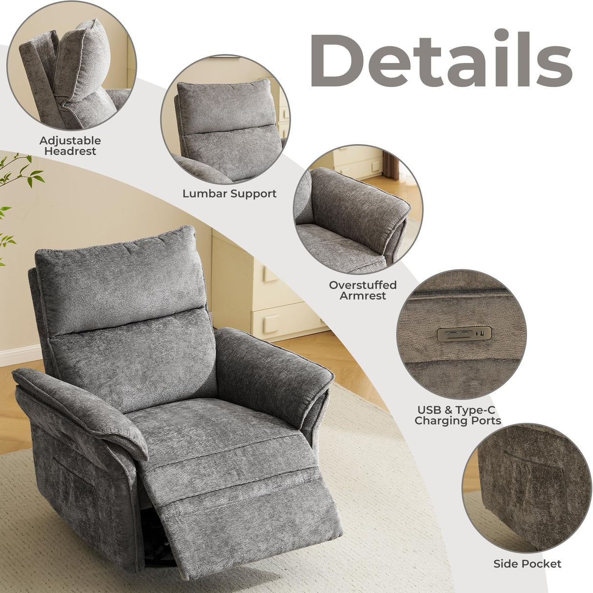 Rhevoy Oversized Power Recliner Chair Swivel Glider with Massage and Heat, Rocker Nursery Recliner for Adults with Adjustable Headrest, 26" Extra Wide Nursery Chair with Overstuffed Armrest, Dark Grey Rhevoy