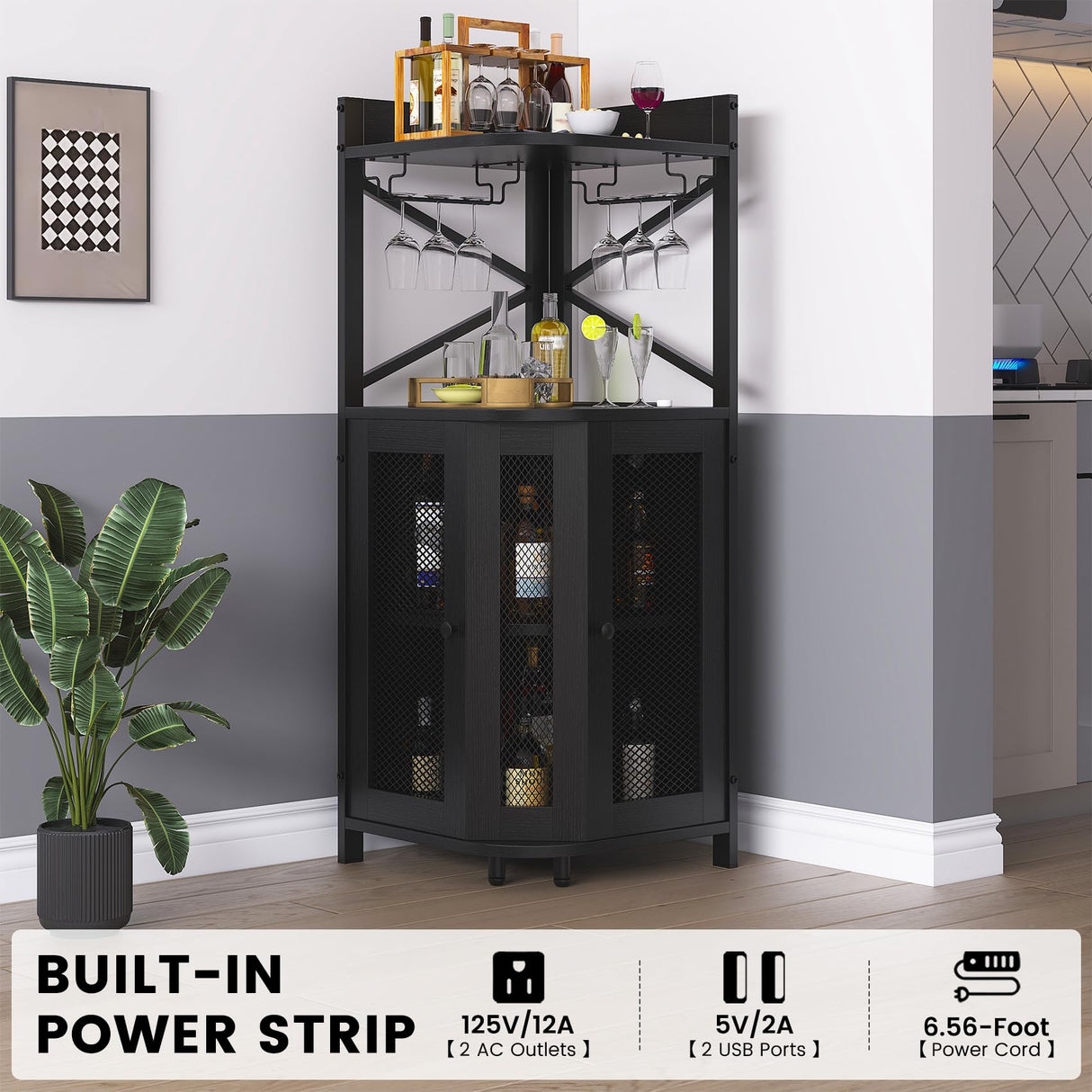 Lafnest Corner Bar Cabinet with Power Outlet and LED Light, Industrial Wine Cabinet with Glass Holder, 4-Tier Liquor Cabinet for Home, Farmhouse Home Bar for Liquor and Wine Storage, Black Lafnest