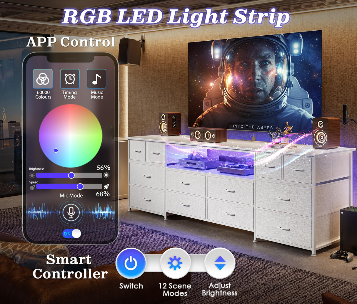 Huuger 63 Inch Dresser TV Stand with LED Lights, Power Outlets and USB-C Port, 12 Fabric Drawer Dresser for Bedroom, Wide Entertainment Center for 65, 70 Inch TV, Media Console, Open Shelf, White Huuger