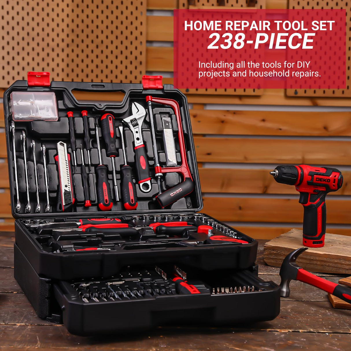 Drill Tool Set:Tool Kit with 12V Power Cordless Drill Hand Repair Tools Box with Drill, Home Tool Kits for Men & Women, Hand Drill Set Perfect for Homeowner, Diyer, Handyman - Red DEKOPRO