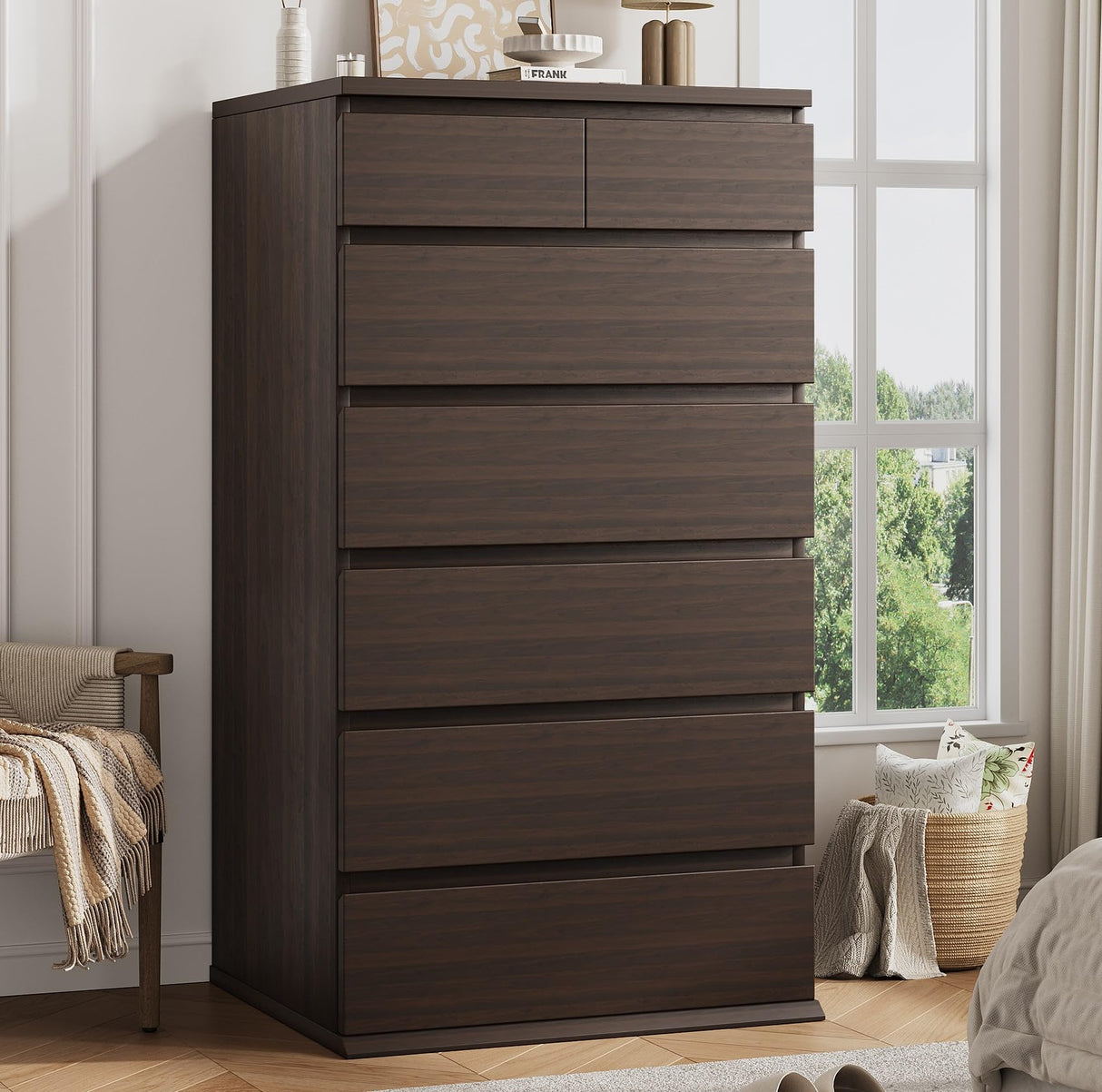 Brown Tall 7 Drawer Dresser for Bedroom, Modern Wood Closet Dressers & Chests of Drawers with Jewelry Storage, 23.6" L*15.8" W*47.5" H in Large Vertical Dresser for Bedroom, Living Room, Nursery Jocoevol