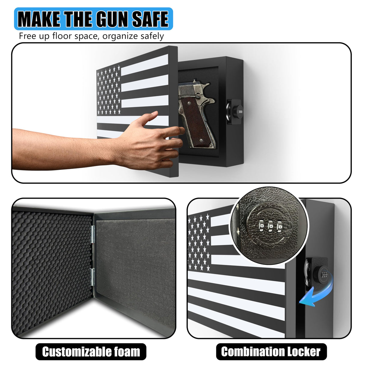 BUYYAH American Flag Gun Concealment Case, 19.7" x 11.8" x 4.9" American Flag Wall Hanging Concealed Gun Cabinet, Combination Lock All Iron Frame for Police Gift BUYYAH