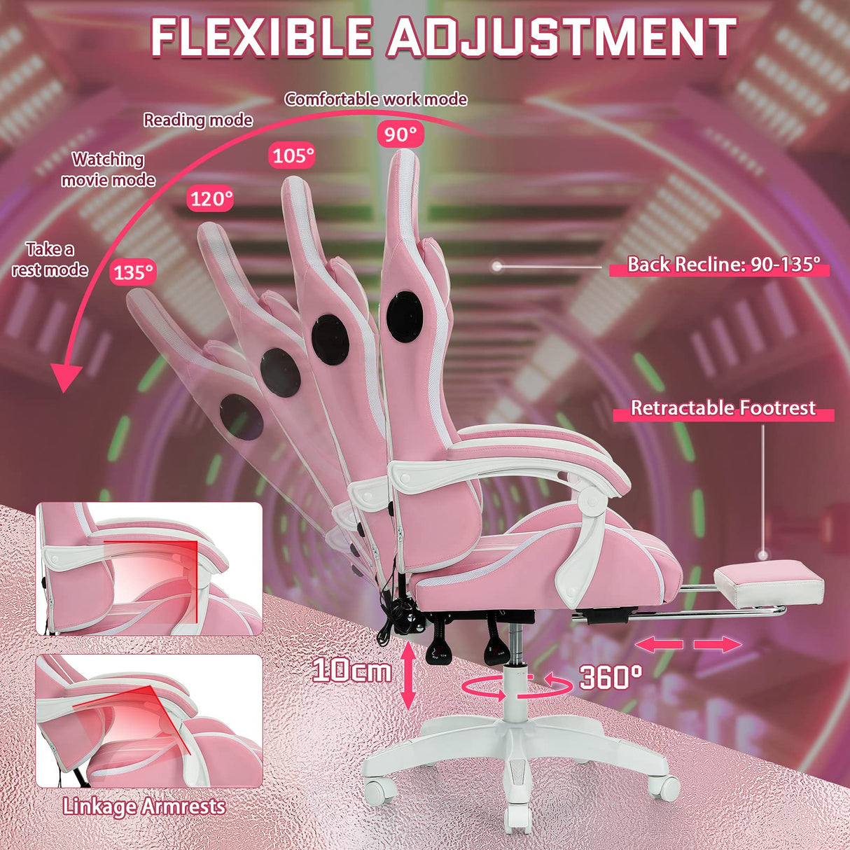 HOFFREE Pink Gaming Chair with Bluetooth Speakers and LED RGB Lights Cute Ergonomic Massage Computer Gaming Chair with Footrest High Back Video Game Chair with Lumbar Support Pink and White HOFFREE