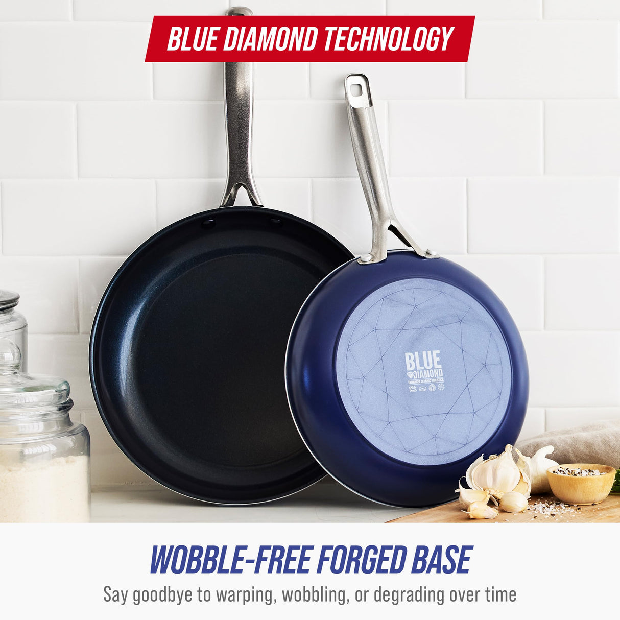 Blue Diamond Cookware 9.5" & 11" Frying Pan Skillet Set, Diamond Infused Ceramic Healthy Nonstick, PFAS & PFOA-Free, Dishwasher Safe, Oven Safe, Even Heating, Metal Utensil Safe, Warp Control, Blue Blue Diamond