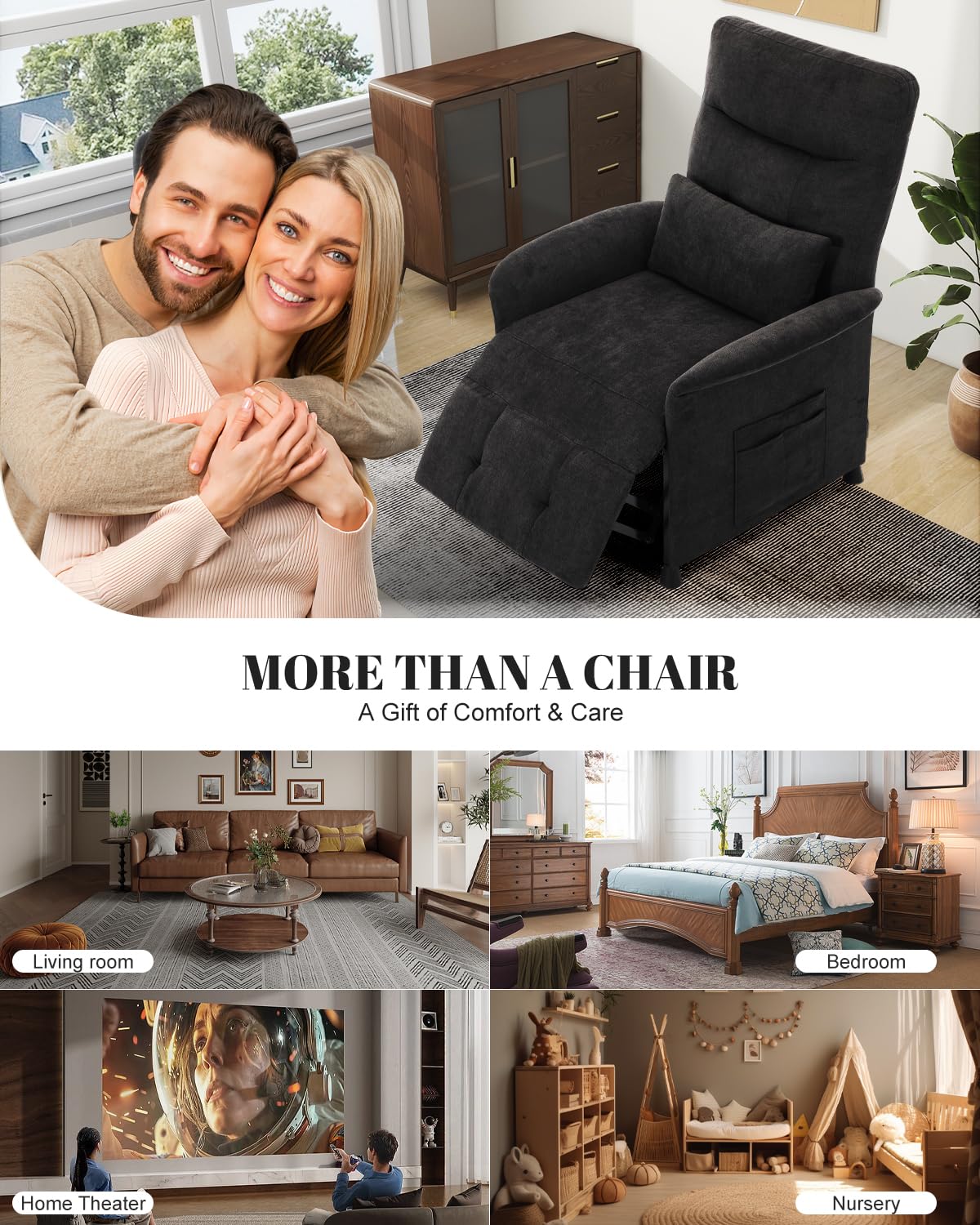 Power Recliner Chair for Adults – Heated Massage, Vibration, Electric Reclining Sofa with Side Pocket & Remote, Adjustable Recliner for Living Room or Home Theater Seating (Premium, Black) NBBOTBOT