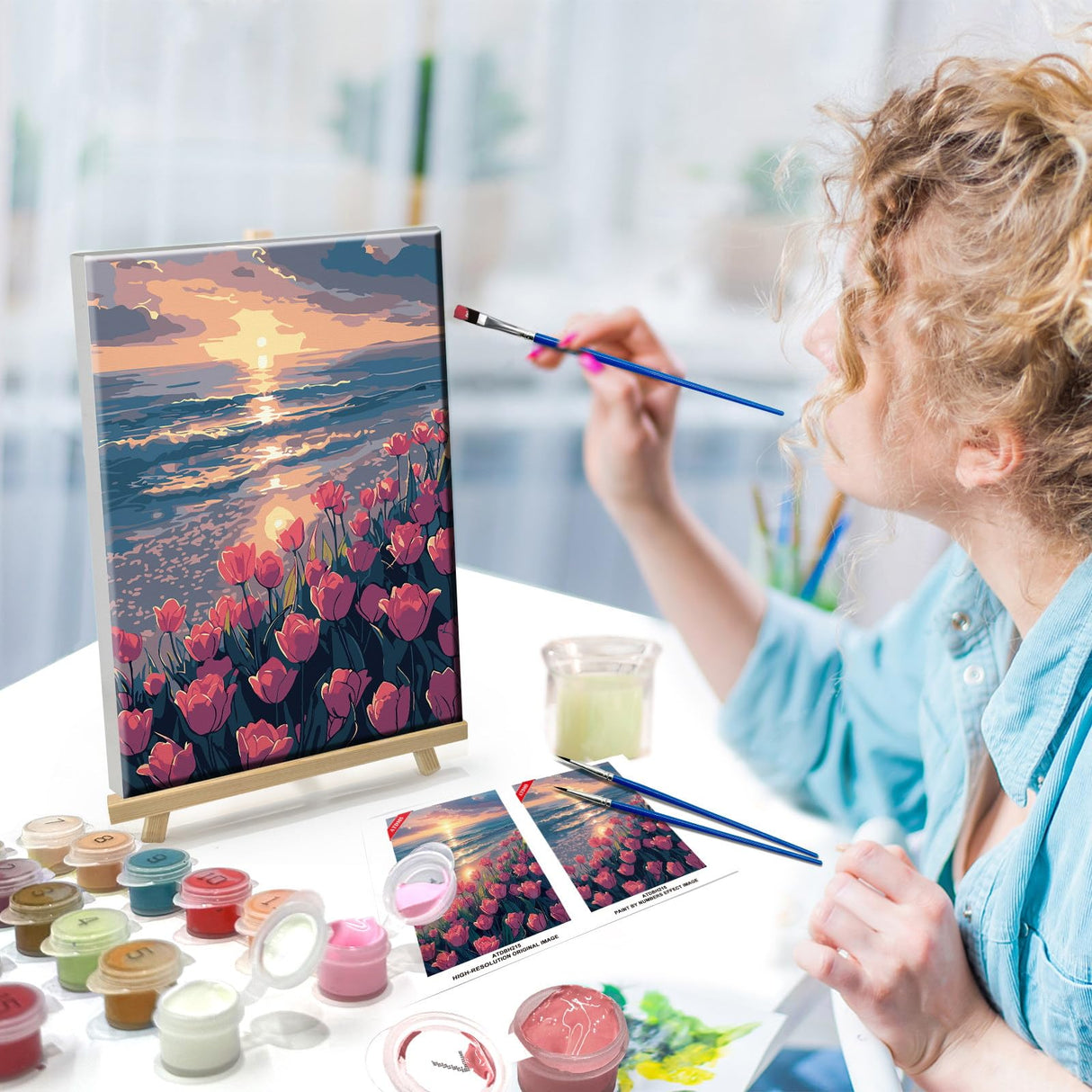 ATDMS Paint by Numbers Kit for Adults with Easel DIY Tulips Adult Paint by Number Kits on Canvas Framed Oil Painting Kits for Wall Hanging Home Room Decor 7.87x11.81 Inch ATDMS