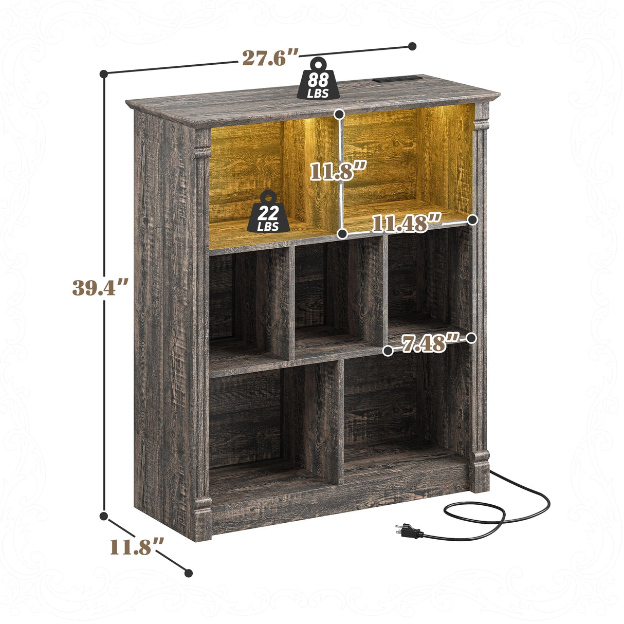 EnHomee 7 Cube Bookshelf Cubby Storage Organizer with LED Lights and Charging Station, Wood Shelf Display Cabinet for Bedroom, Living Room, Office Black Oak EnHomee