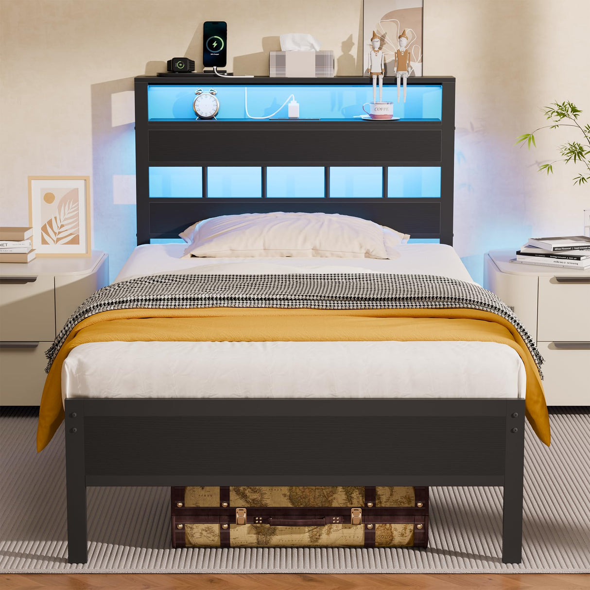 Furnulem Twin Bed Frames with Charging Station and LED Lights, Twin Size Platform Bed with Metal Slats, Wood Headboard with 2-Tier Storage Shelves, No Box Spring Needed, Black Oak Furnulem