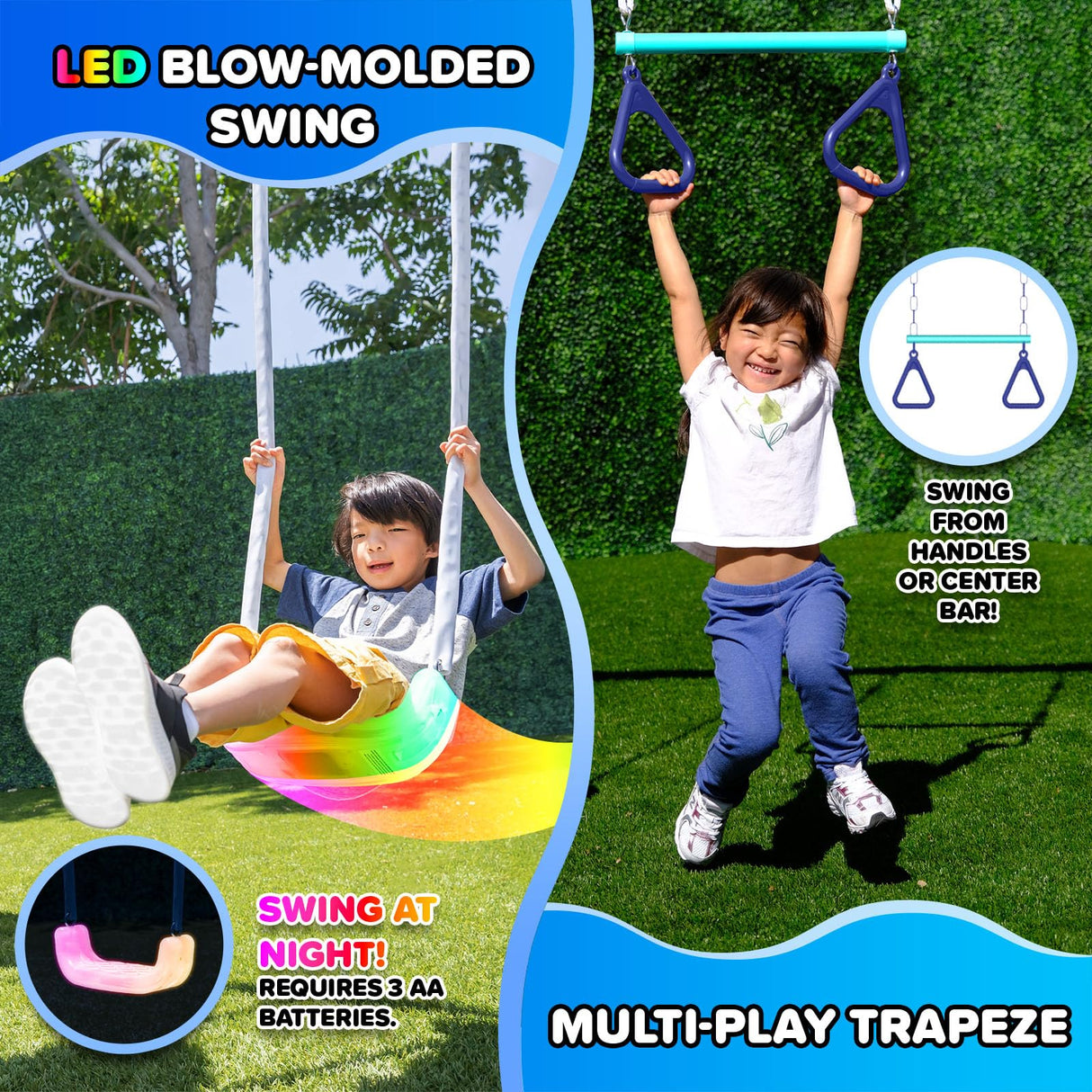 Sportspower Ramona Metal Swing Set 7-in 1: 3 Swings, Climbing Ladder and net, Basketball Hoop, and 5-ft Blow Molded Slide, 700lb Capacity, Yellow & Blue, Bonus Anchor kit Included Sportspower