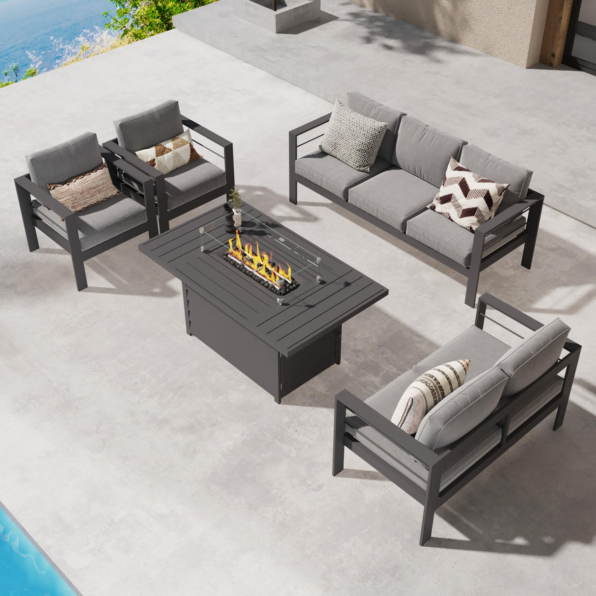 Wisteria Lane 7 Seats Aluminum Outdoor Patio Furniture Set with 54 Inch Propane Gas Fire Pit Table, Modern Patio Conversation Sets with Outdoor Sectional Couch for Backyard, Garden, Dark Grey Wisteria Lane