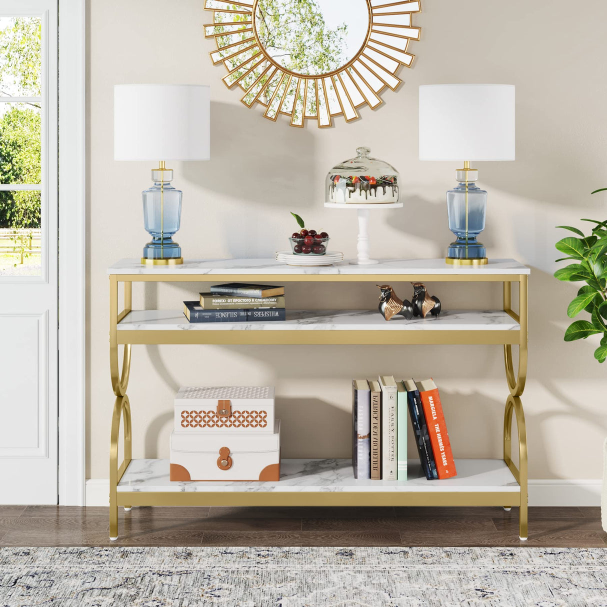 Tribesigns 3-Tier Console Table, 55 inch Sofa Table with Open Storage Shelves, Narrow Long Hallway/Entryway Table with Faux Marble Top for Home Living Room Entryway, White & Gold Tribesigns