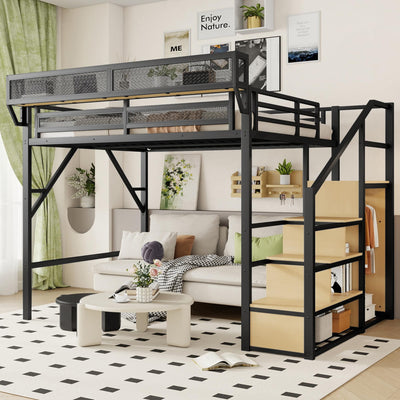 Duxelifin Queen Size Loft Bed with Staircase, Metal Loft Beds with Storage Shelves & Wardrobe, High Lofted Bed Frame, loft Tall Bed for Boys Girls and Teens, No Box Spring Needed (Black)