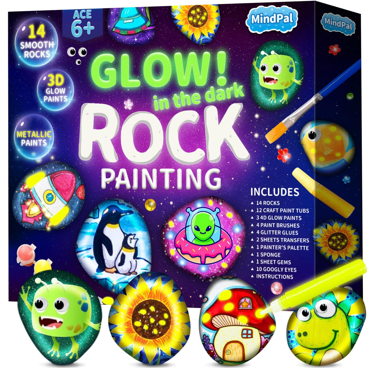 MindPal Kids Rock Painting Kit, 14 Pebbles for Painting - Glow in The Dark Rock Kit - Arts and Crafts for Kids Ages 6-12, Birthday Christmas Gift for Boys and Girls MindPal