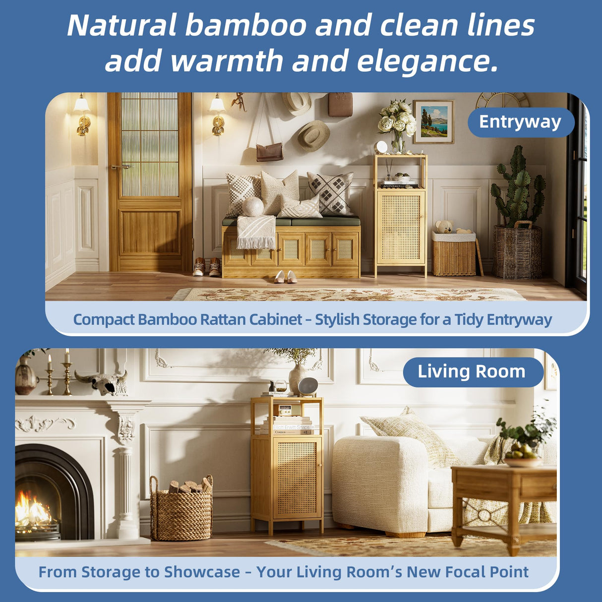 HITNET Rattan Bathroom Storage Cabinet, Small Bamboo Floor Cupboard with Door, Freestanding Narrow Side Organizer for Living Room, Kitchen, Entryway, Natural HITNET