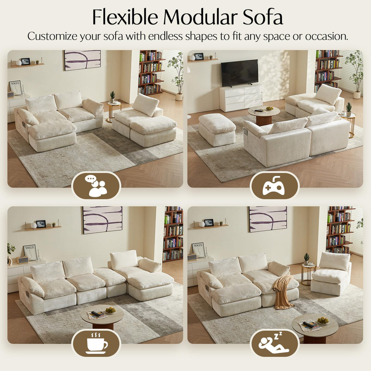 Vamcheer Modular Sectional Cloud Couch, Utra Soft U Shaped Couch with 2 Movable Ottoman, Deep Seat Boneless Couches for Living Room Bedroom, No Assembly Required, Beige Vamcheer