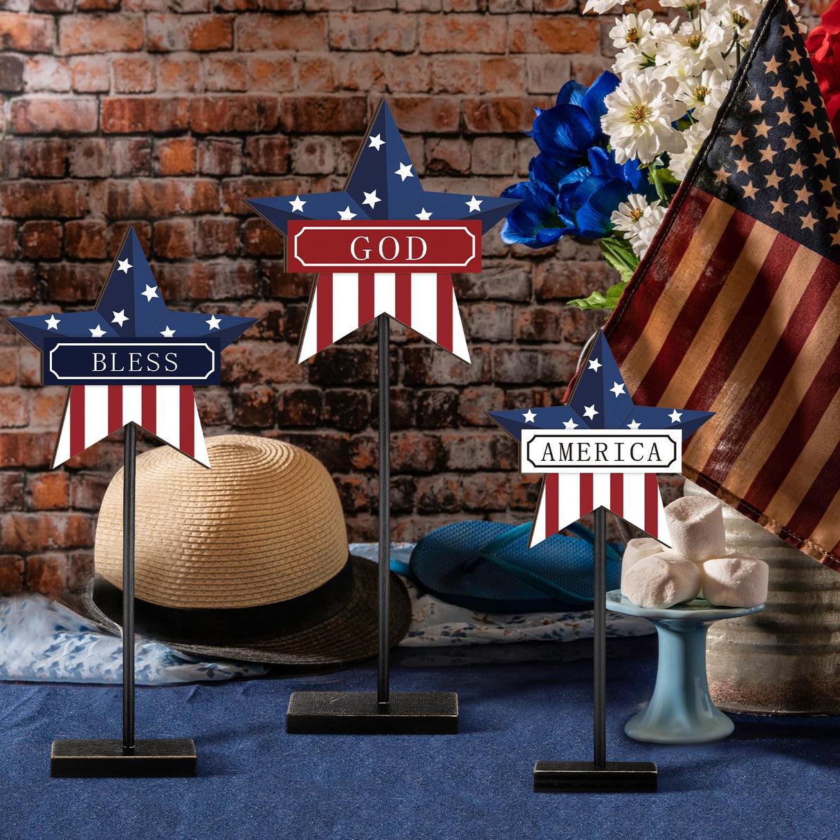DoubleFill 3 Pieces Patriotic Decorations Memorial Day Wooden Star Tabletop Decor 4th of July Red White and Blue Star Sign for Independence Day Tiered Tray Table Home Decor DoubleFill