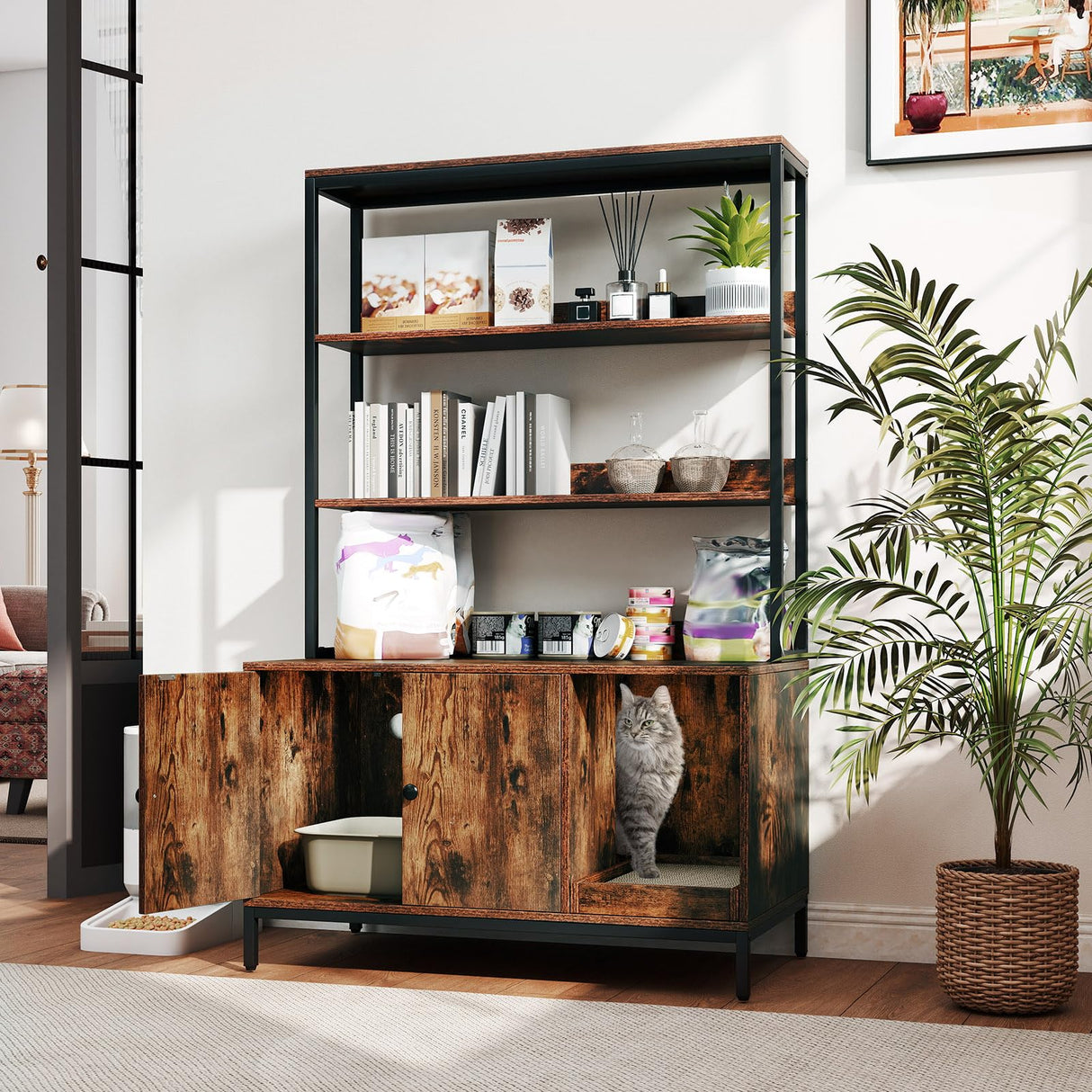 PETSITE Cat Litter Box Enclosure with Storage, 57 Inch Tall Hidden Litter Box with 2-Tier Shelves, Removable Scratching Pad, and Winding Entry, Solid Metal Framed (Rustic Brown) PETSITE