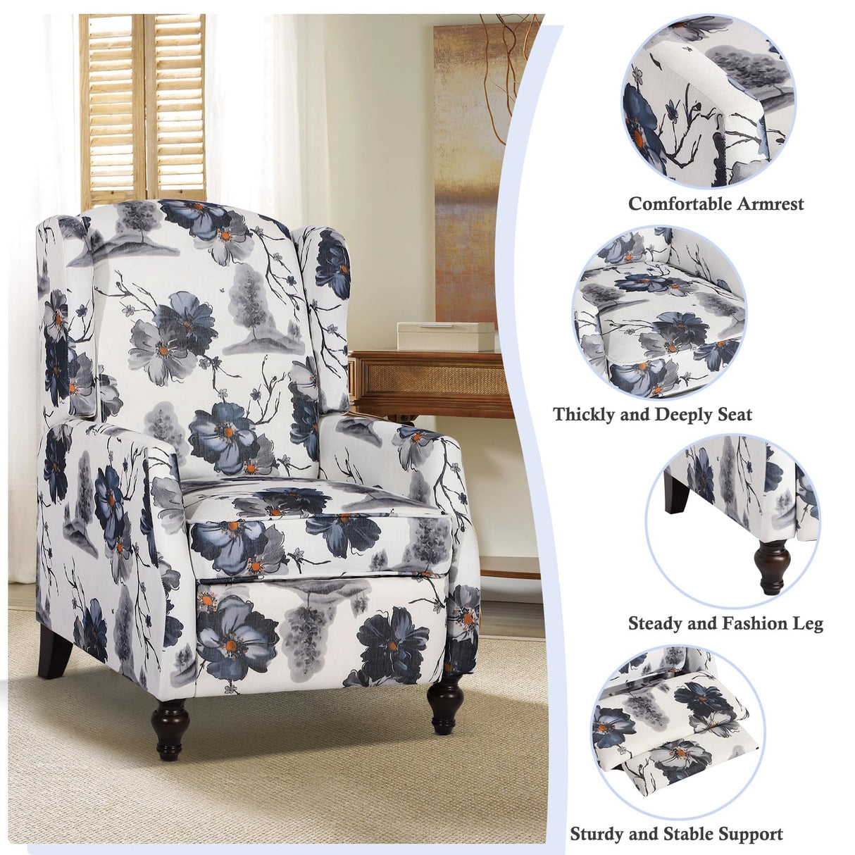 B BAIJIAWEI Wingback Recliner Chair - Tufted Arm Chair Recliner - Fabric Push Back Single Sofa for Living Room Adjustable Backrest (Pair, Blue Floral) B BAIJIAWEI