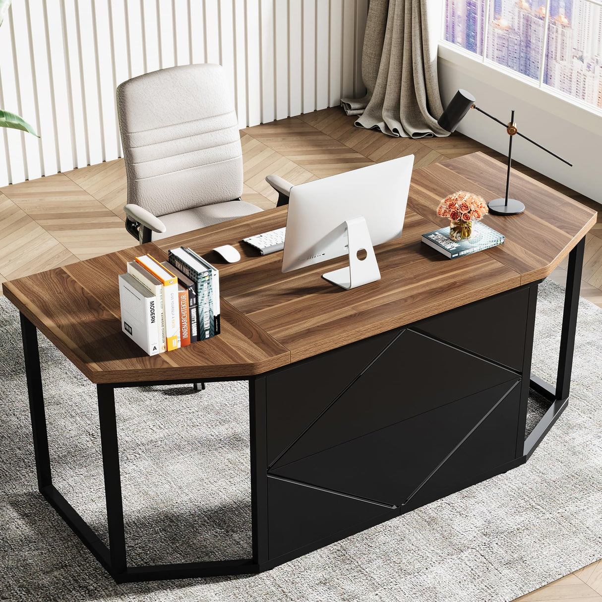 Tribesigns 63 Inch Executive Desk, Large Computer Desk with Privacy Panel, Modern Simple Style Home and Office Desk, Gaming Desk Writing Table Study Desk Business Furniture, Brown and Black Tribesigns
