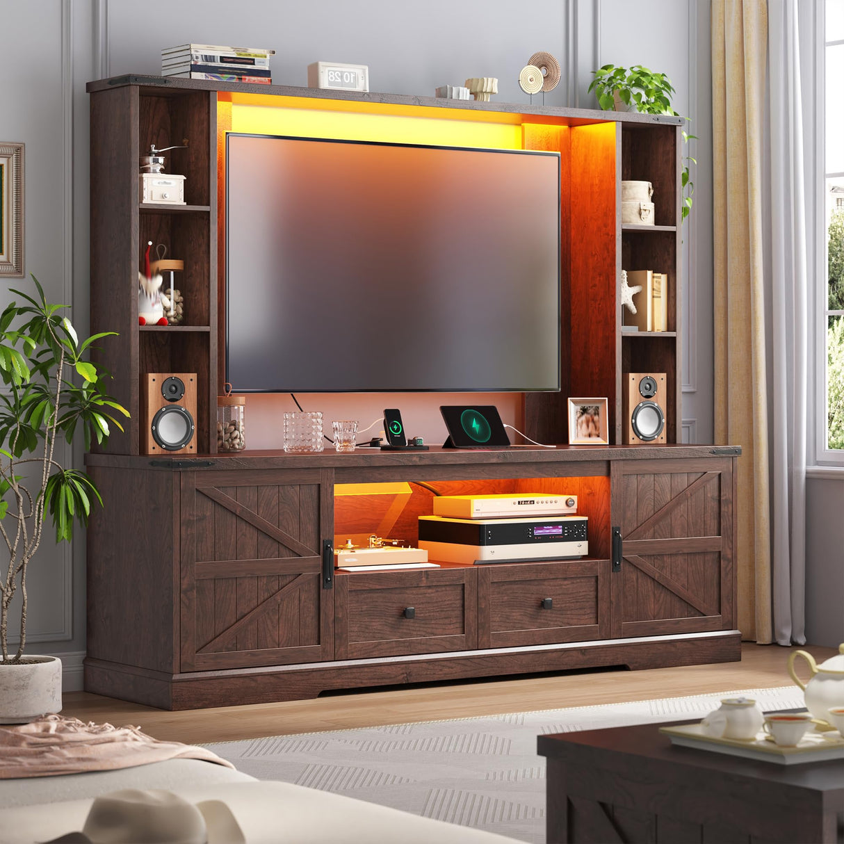 Entertainment Center with 2 LED Lights & Power Outlets, Large Farmhouse Wall Unit Entertainment Center for 60 Inch Television Stand, TV Stands for Living Room with Storage Shelf, Brown EnHomee