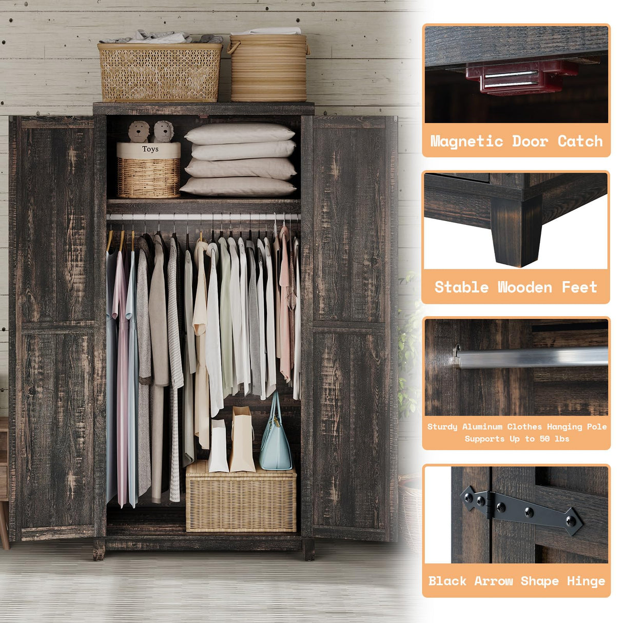 AMERLIFE Farmhouse Armoire Wardrobe Closet with 2 Barn Doors, 71'' Storage Cabinet with Hanging Rod & Shelf, Versatile Clothing Storage for Bedroom, Black Walnut AMERLIFE