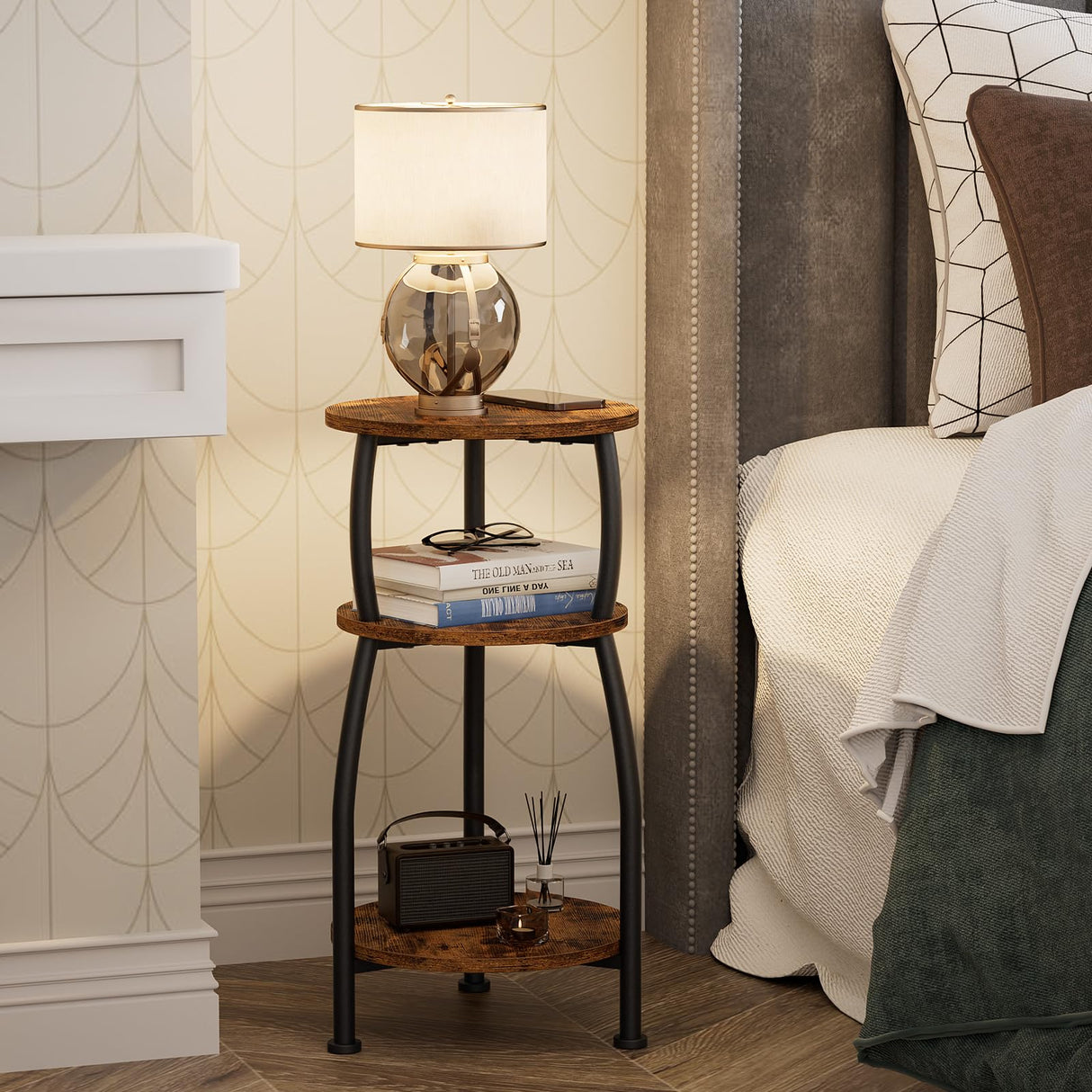 Yuede Small Round Side Table, 3-Tier End Table with Storage Shelf, Slim Sofa Table Coffee Table, Sturdy & Easy Assemble Nightstand for Small Spaces, Living Room Bedroom Corner, Rustic Brown Yuede