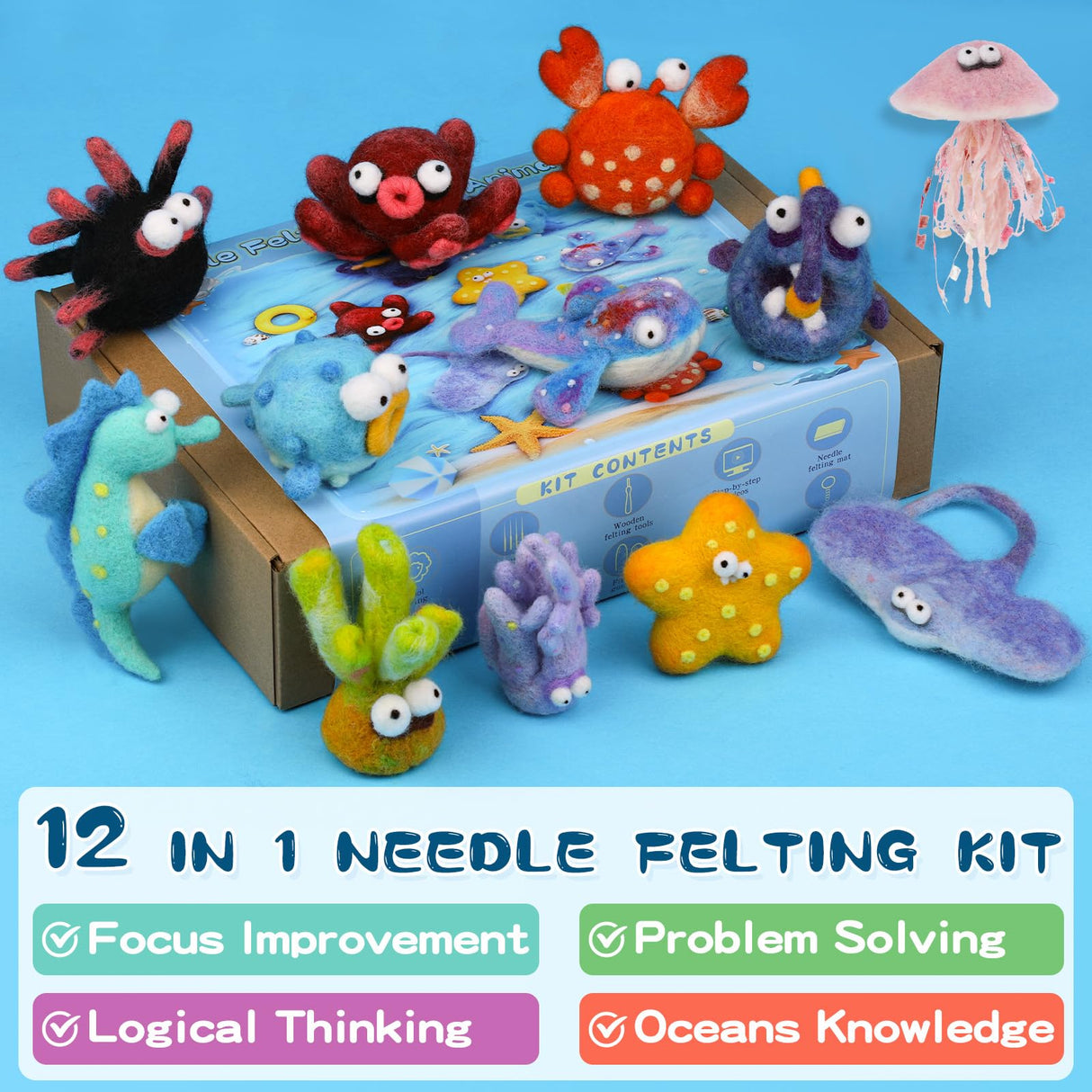 Fedmut Needle Felting Kits for Beginners Adult 12 Sea Animal Supplies with Wool Roving, Felt Art Kit, Wool Felting Kit for DIY Craft Home Decoration Party Supplies for Starters Fedmut